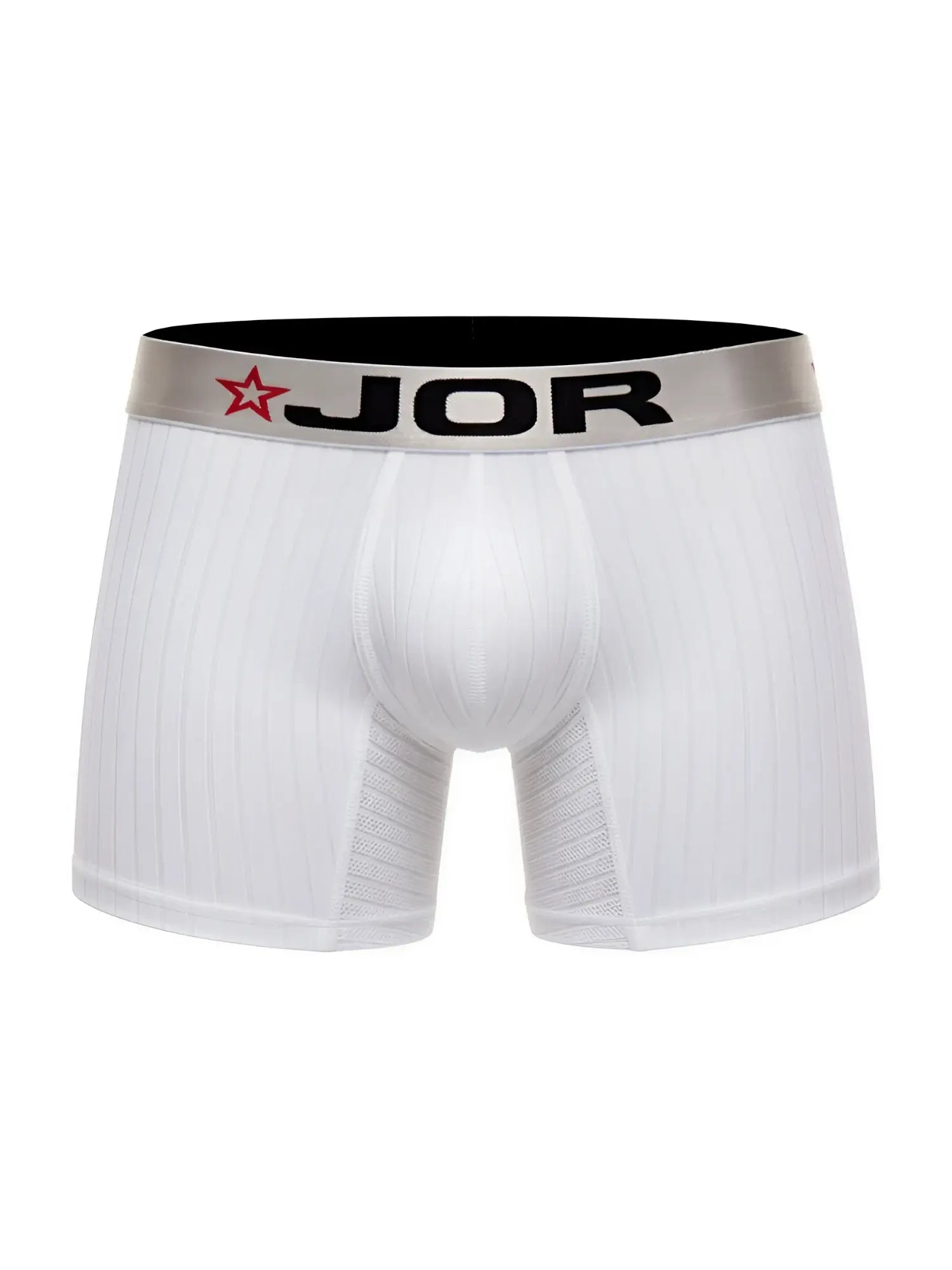 White jor 2329 cronos boxer briefs with silver waistband featuring brand logo and red star on a white fabric base