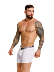 Jor 2329 cronos white ribbed boxer briefs with gray waistband featuring jor logo and red star