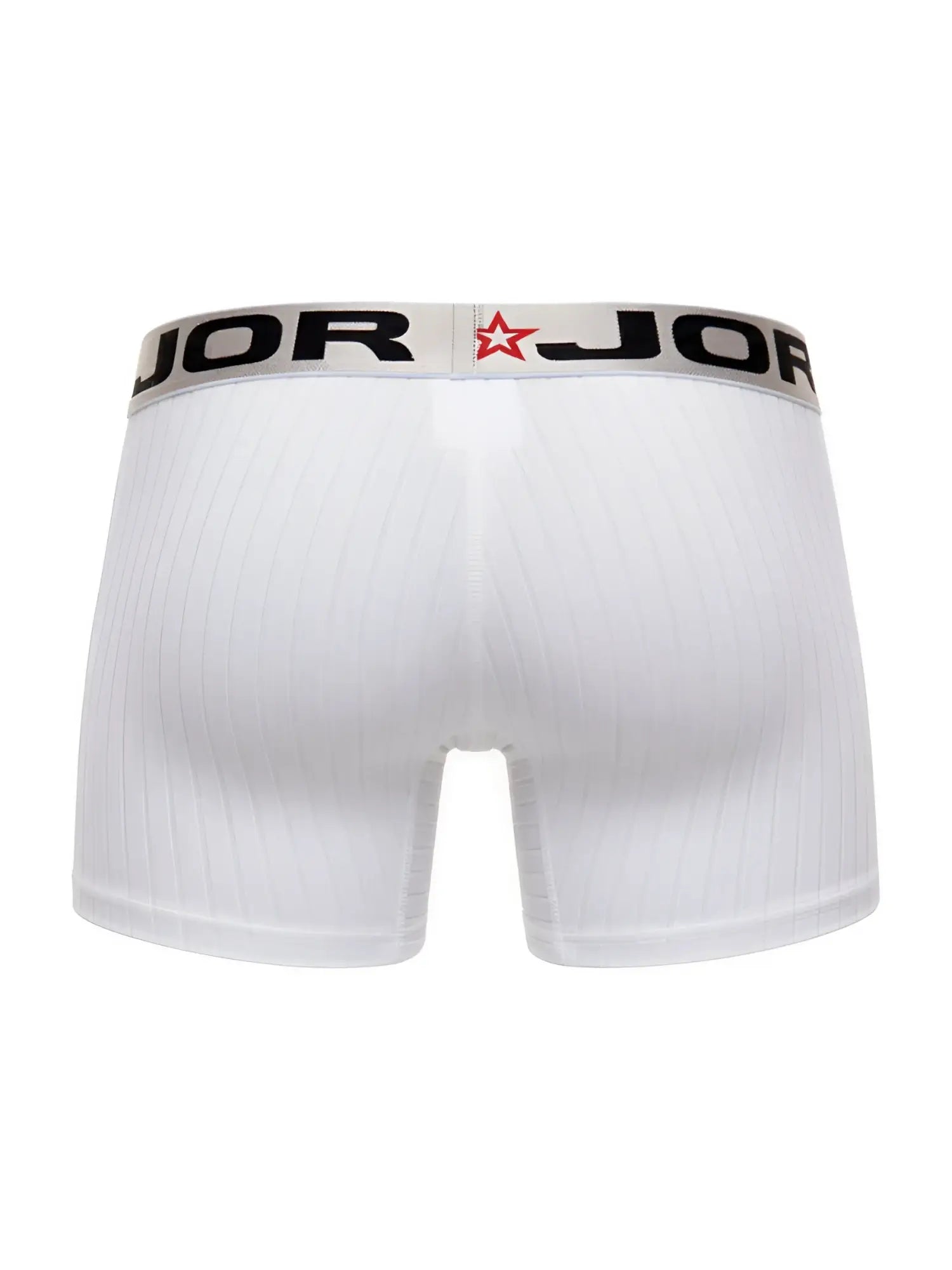 White jor 2329 cronos boxer briefs with ribbed texture and black waistband featuring brand name and red star logo