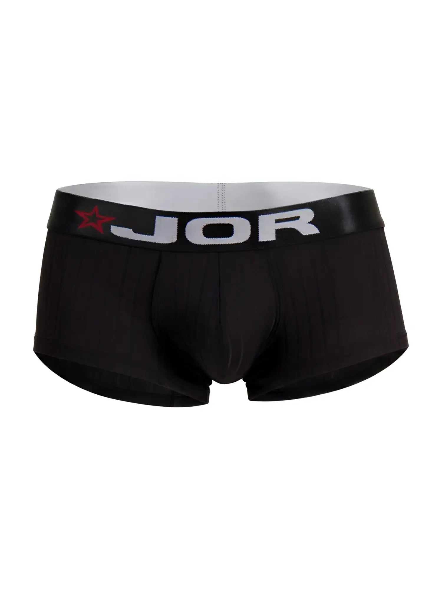 Black jor 2330 cronos men’s briefs with gray waistband featuring brand name and red star logo in black color