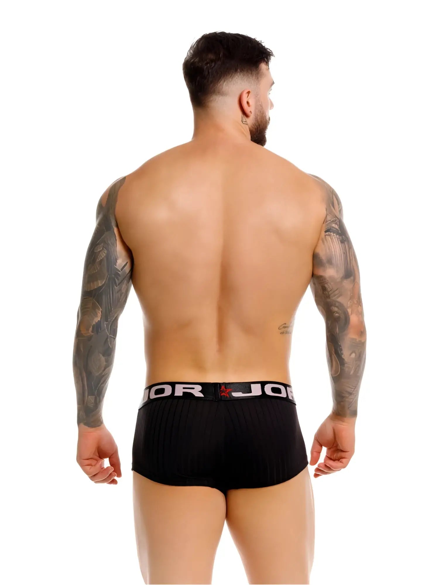 Black ribbed jor 2330 cronos trunks with white elastic waistband featuring jor logo and red star emblem