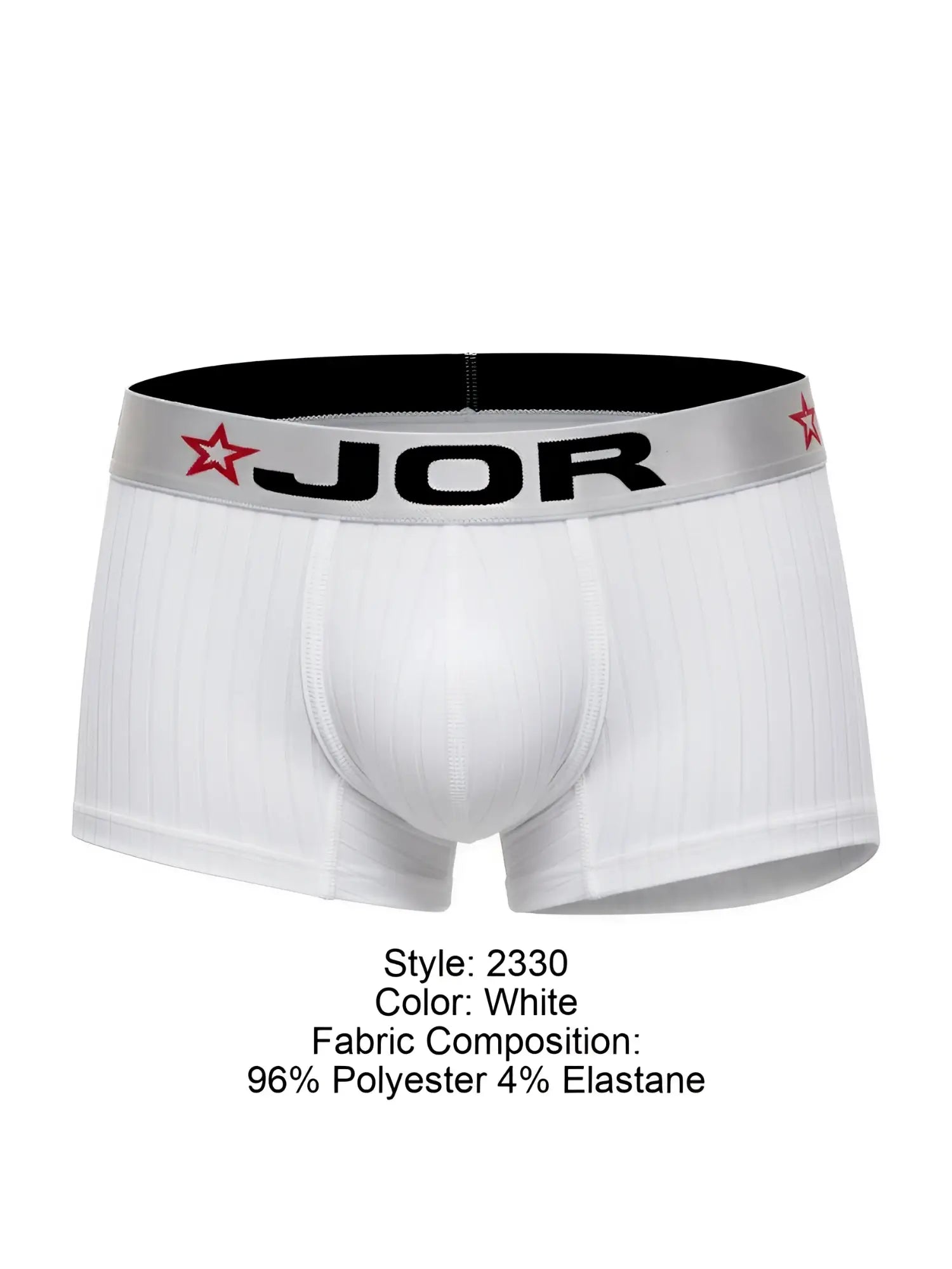 White jor 2330 cronos trunks ribbed boxer briefs with black elastic waistband and red star logos in white color