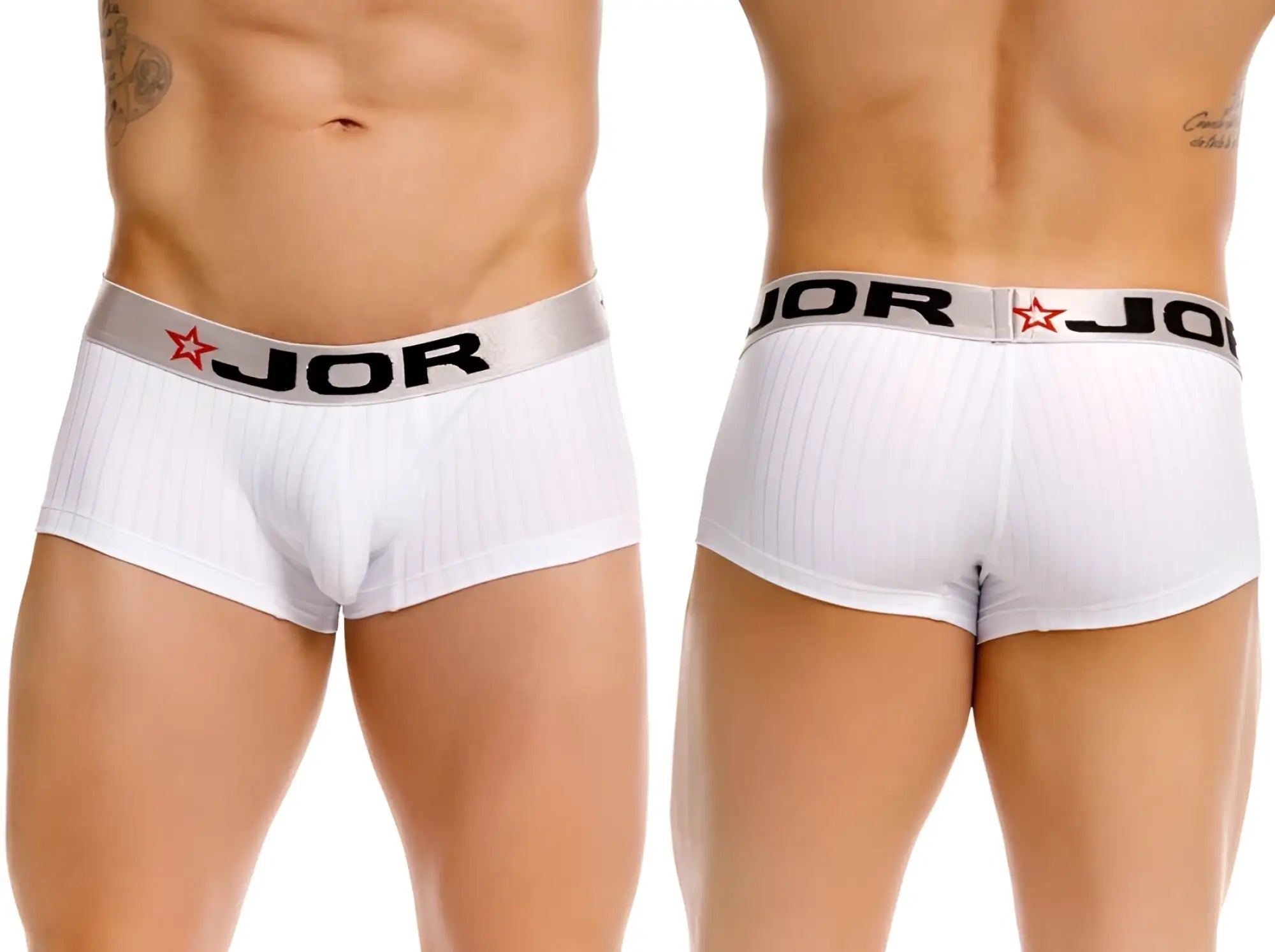 White jor 2330 cronos trunks with ribbed texture and silver waistband featuring black lettering and red star logos