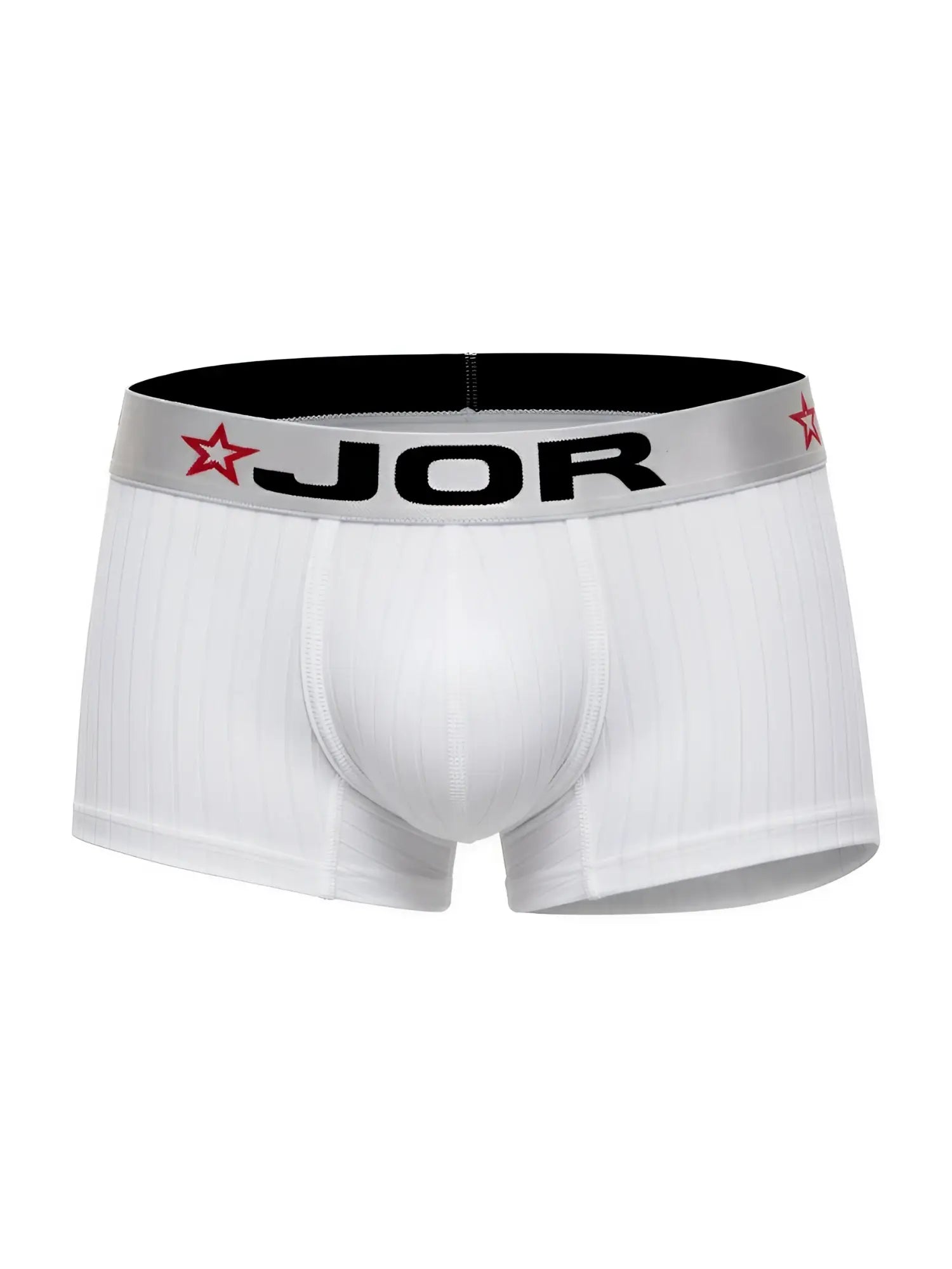 White jor 2330 cronos men’s briefs with silver waistband featuring black lettering and red star logos