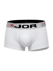 White jor 2330 cronos men’s briefs with silver waistband featuring black lettering and red star logos