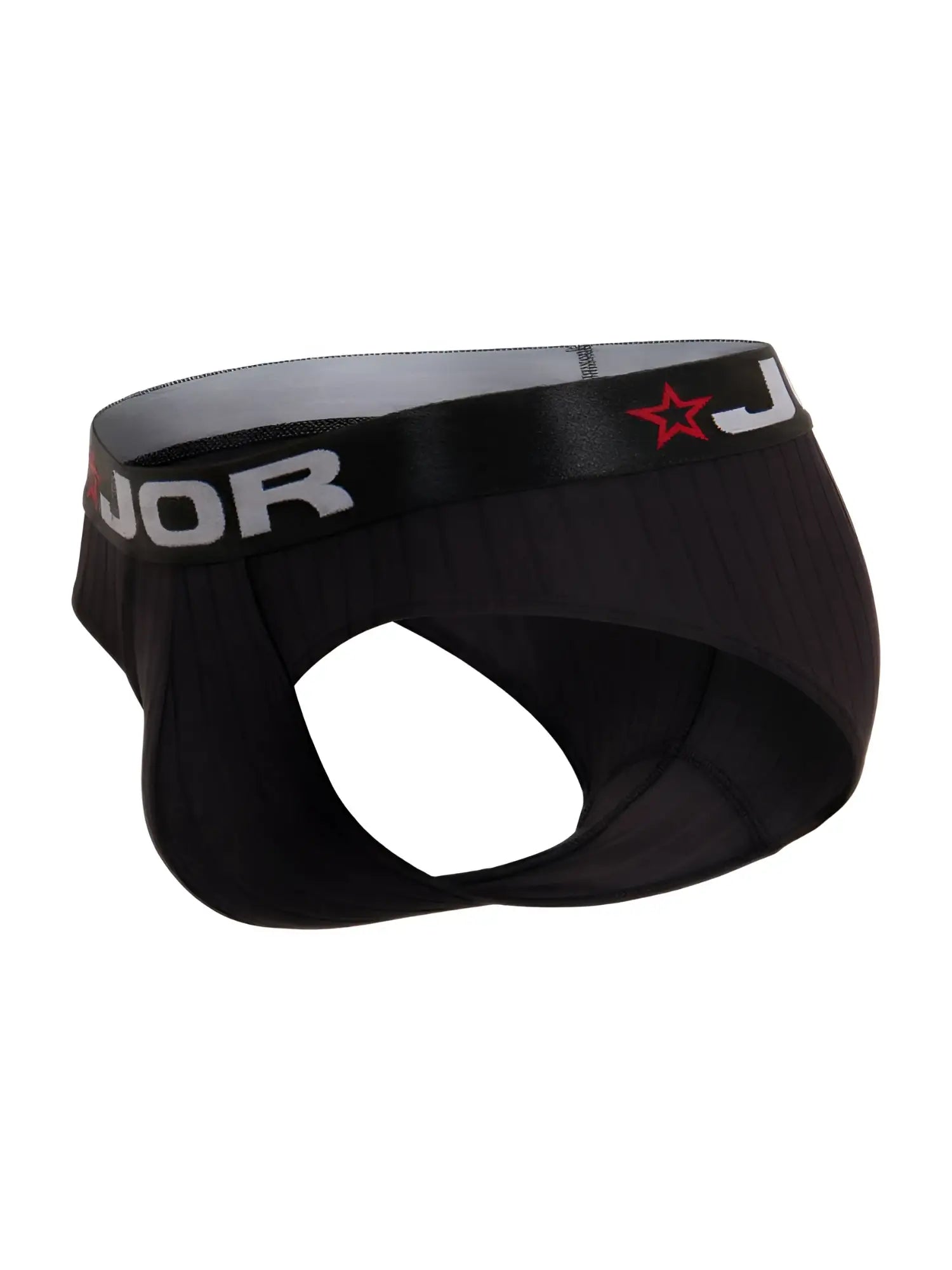 Black jor 2331 cronos briefs with gray waistband featuring white lettering and red star logo in front view