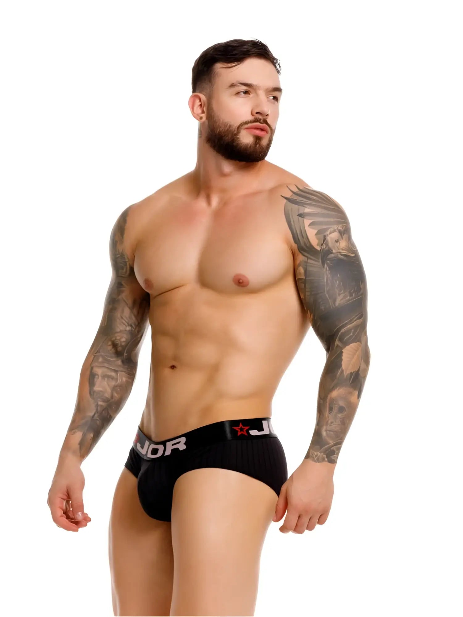 Black jor 2331 Cronos briefs with a red star and white lettering on the waistband for comfortable daily wear
