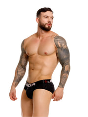 Black jor 2331 Cronos briefs with a red star and white lettering on the waistband for comfortable daily wear