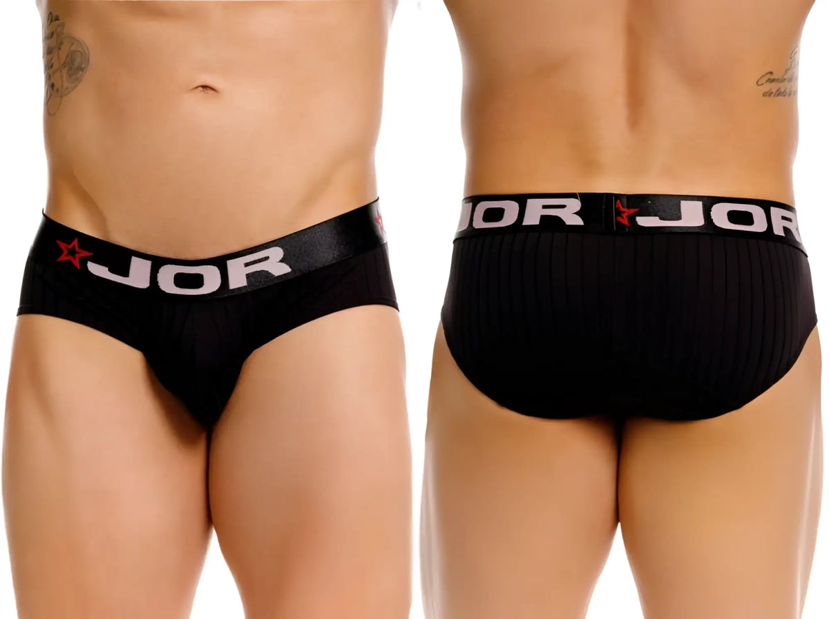 Black jor 2331 cronos briefs with a ribbed waistband featuring white lettering and red star logos