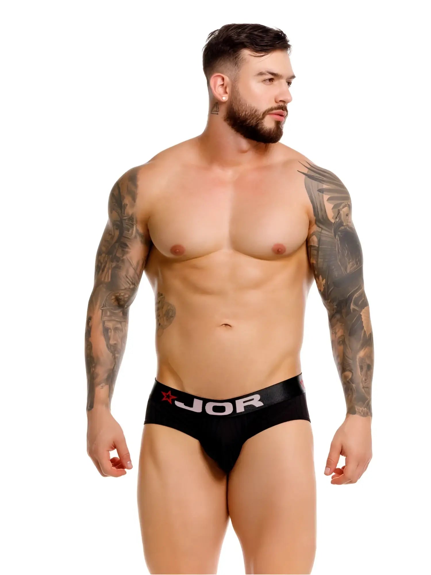 Black jor 2331 cronos briefs with white logo and red star detail on waistband in a comfortable fabric