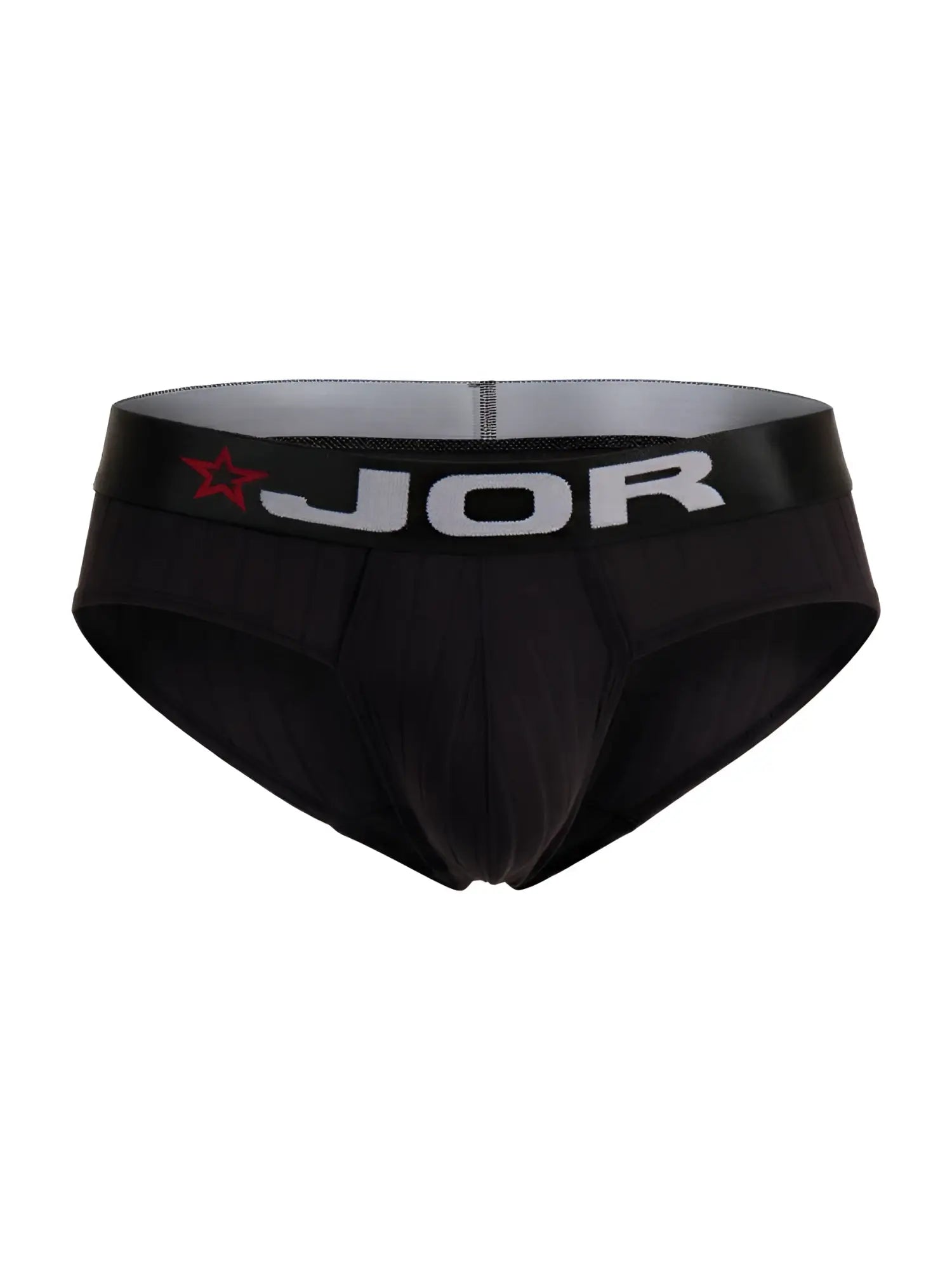 Black jor 2331 cronos men’s briefs with a red star and white logo on the waistband for comfortable wear
