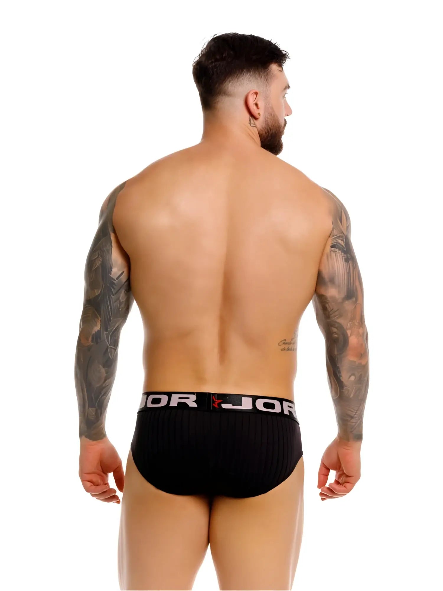 Black ribbed JOR 2331 Cronos briefs with white elastic waistband featuring jor logo and red star emblem
