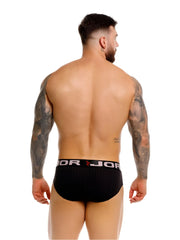 Black ribbed JOR 2331 Cronos briefs with white elastic waistband featuring jor logo and red star emblem
