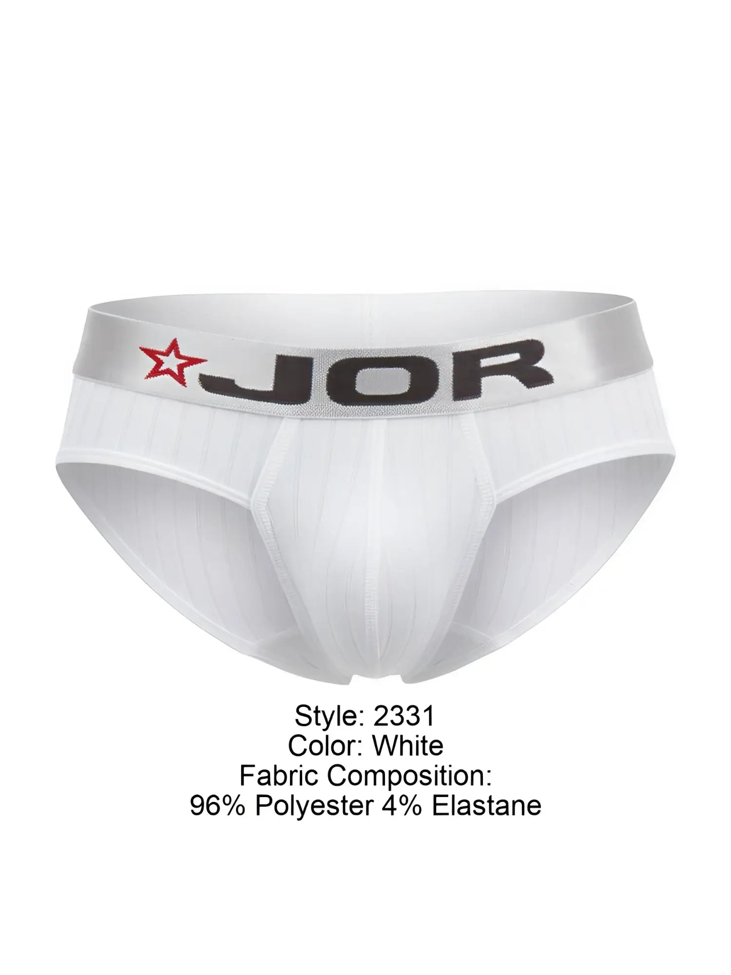 White jor 2331 cronos briefs with gray waistband featuring black jor logo and red star emblem front view