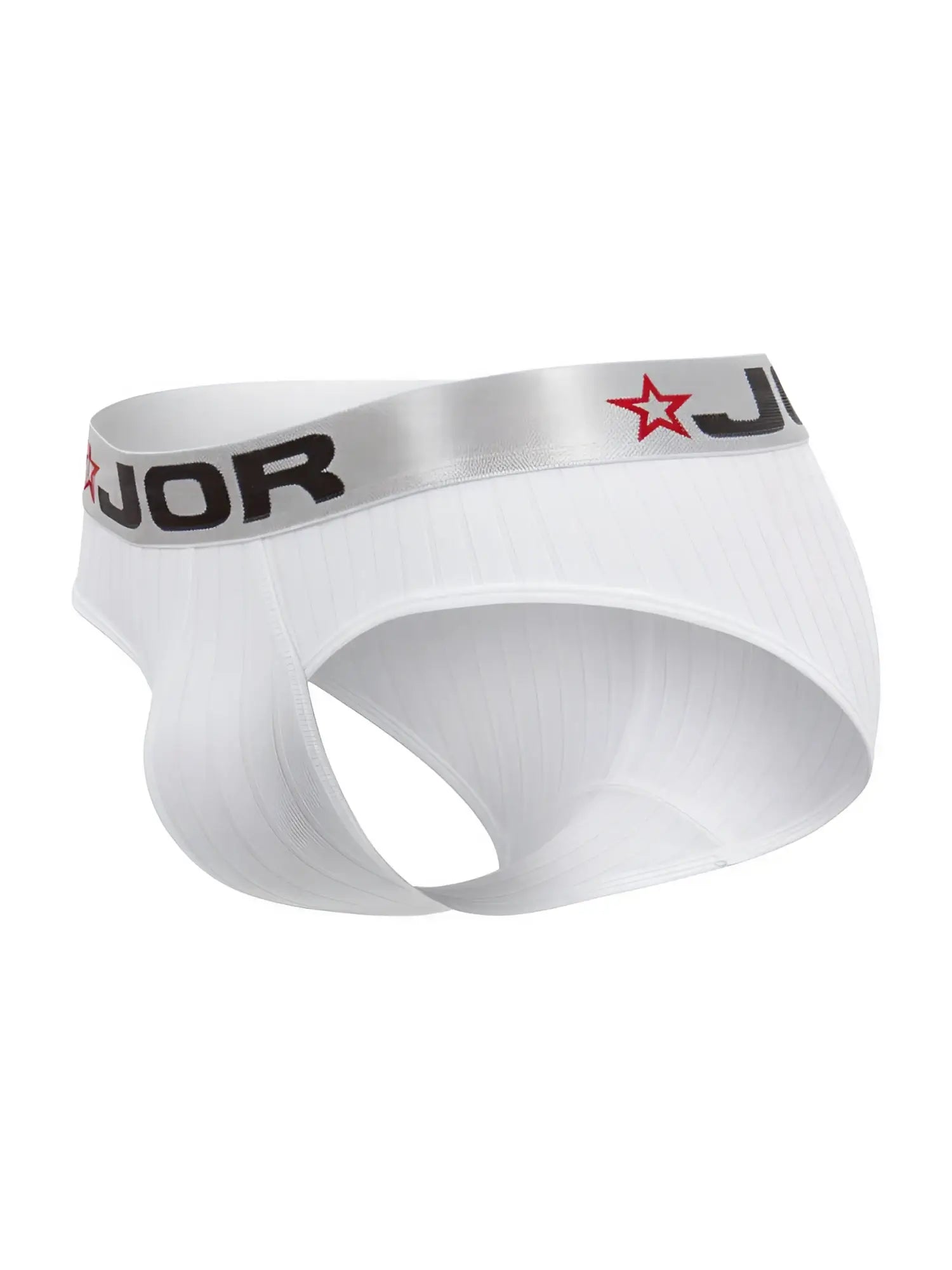White JOR 2331 Cronos briefs with silver waistband featuring black lettering and red star logo front view