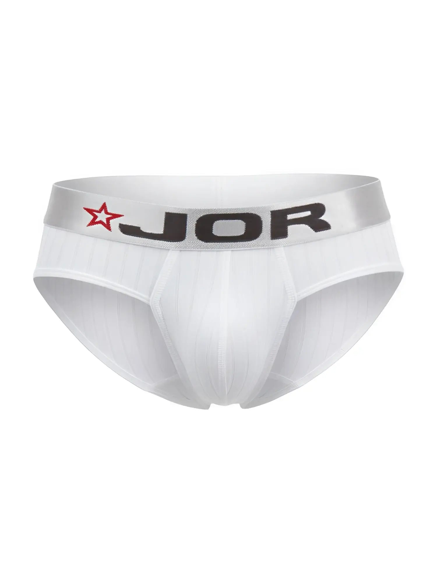 White jor 2331 cronos briefs featuring a silver waistband with brand name and red star logo for men