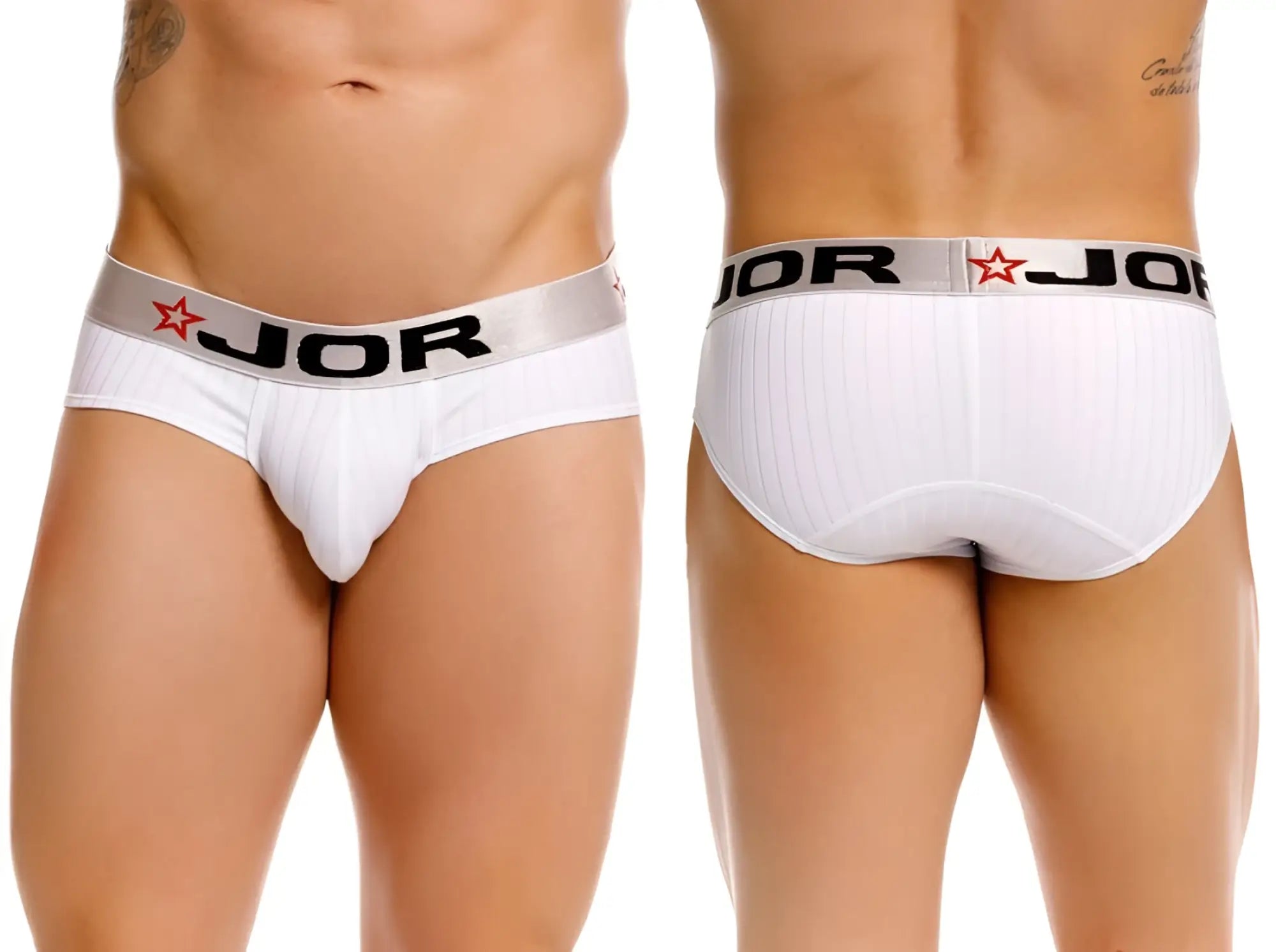 White jor 2331 cronos men’s briefs with silver waistband black lettering and red star logos