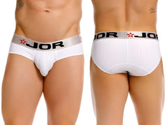 White jor 2331 cronos men’s briefs with silver waistband black lettering and red star logos