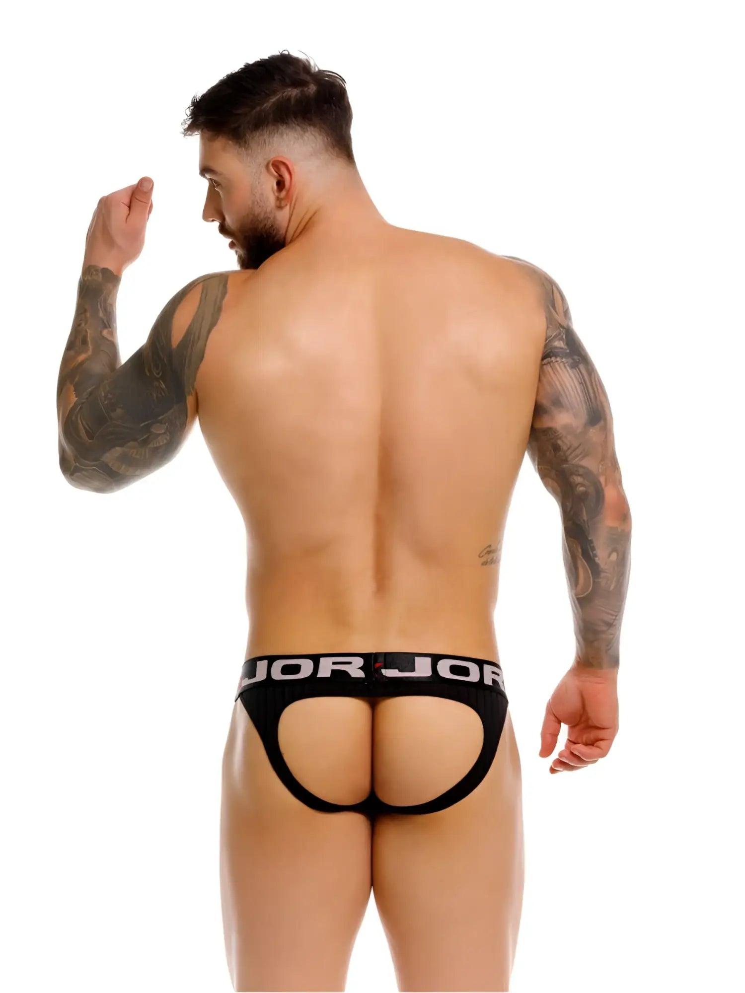 Black jor 2332 cronos jockstrap briefs featuring bold white jor logo waistband designed for comfortable support