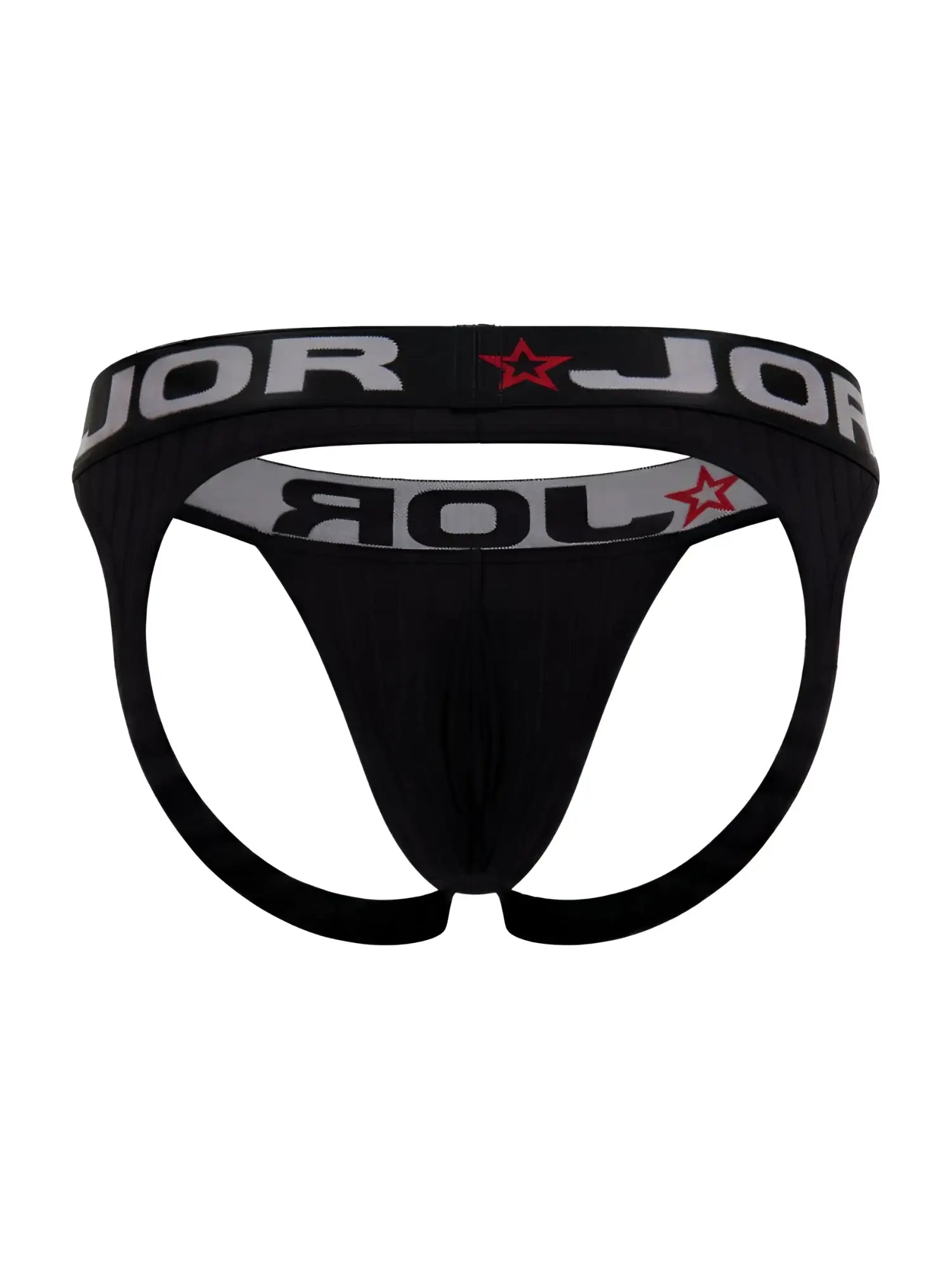 Black jor brand briefs with gray waistband featuring jor logo and red star accents from jor 2332 cronos jockstrap collection