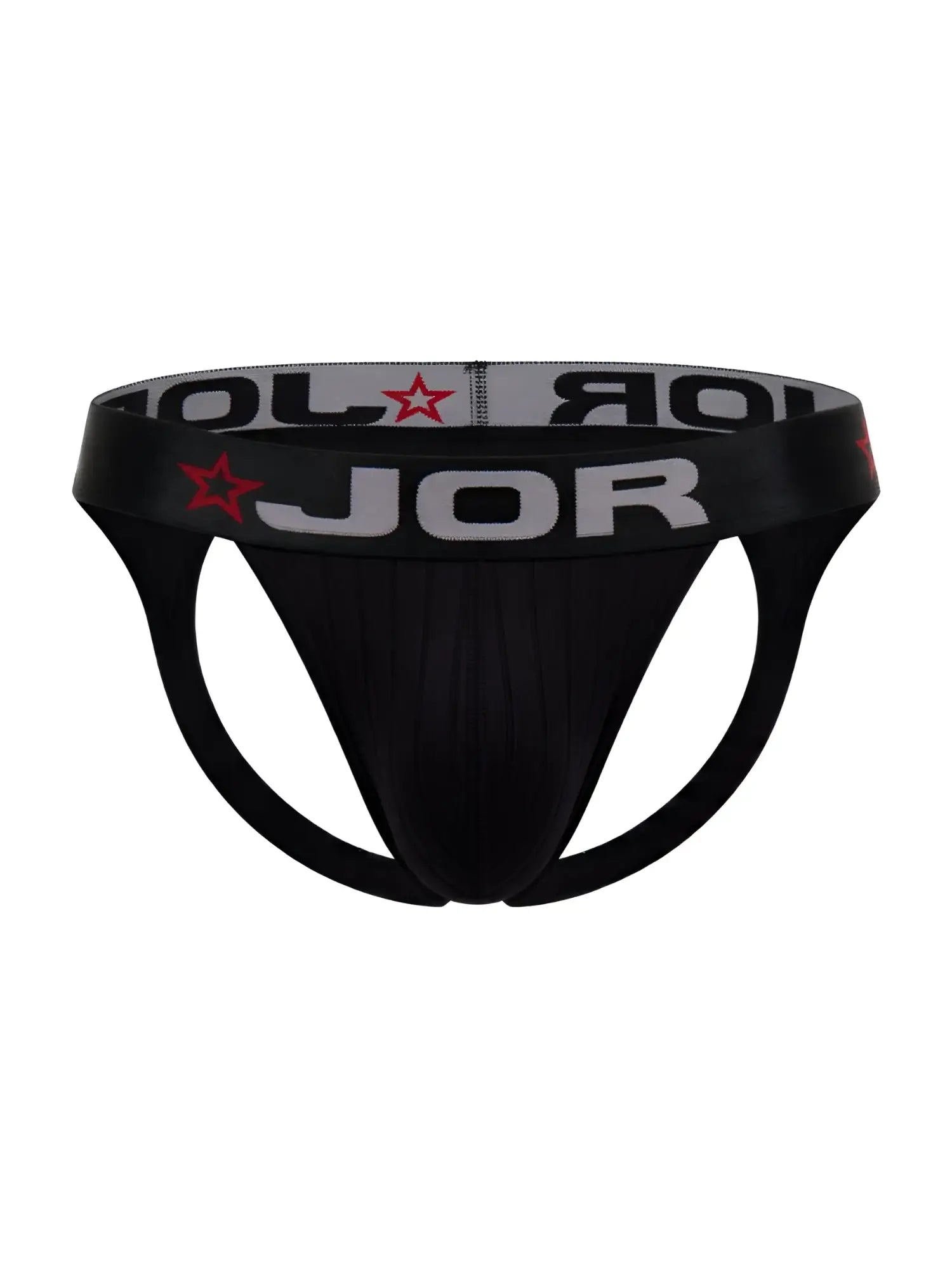 Black jor 2332 Cronos jockstrap briefs with gray waistband featuring red star logos and bold white lettering