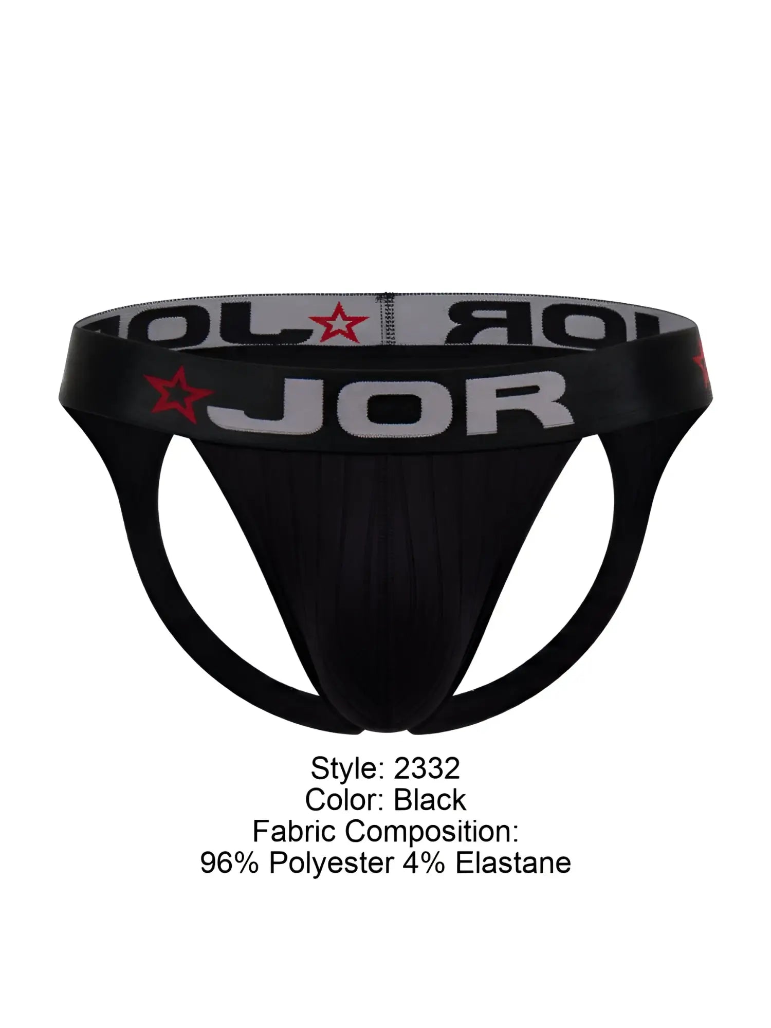 Black jor 2332 cronos jockstrap briefs with sleek form fitting design and elastic waistband with bold white logo and red stars