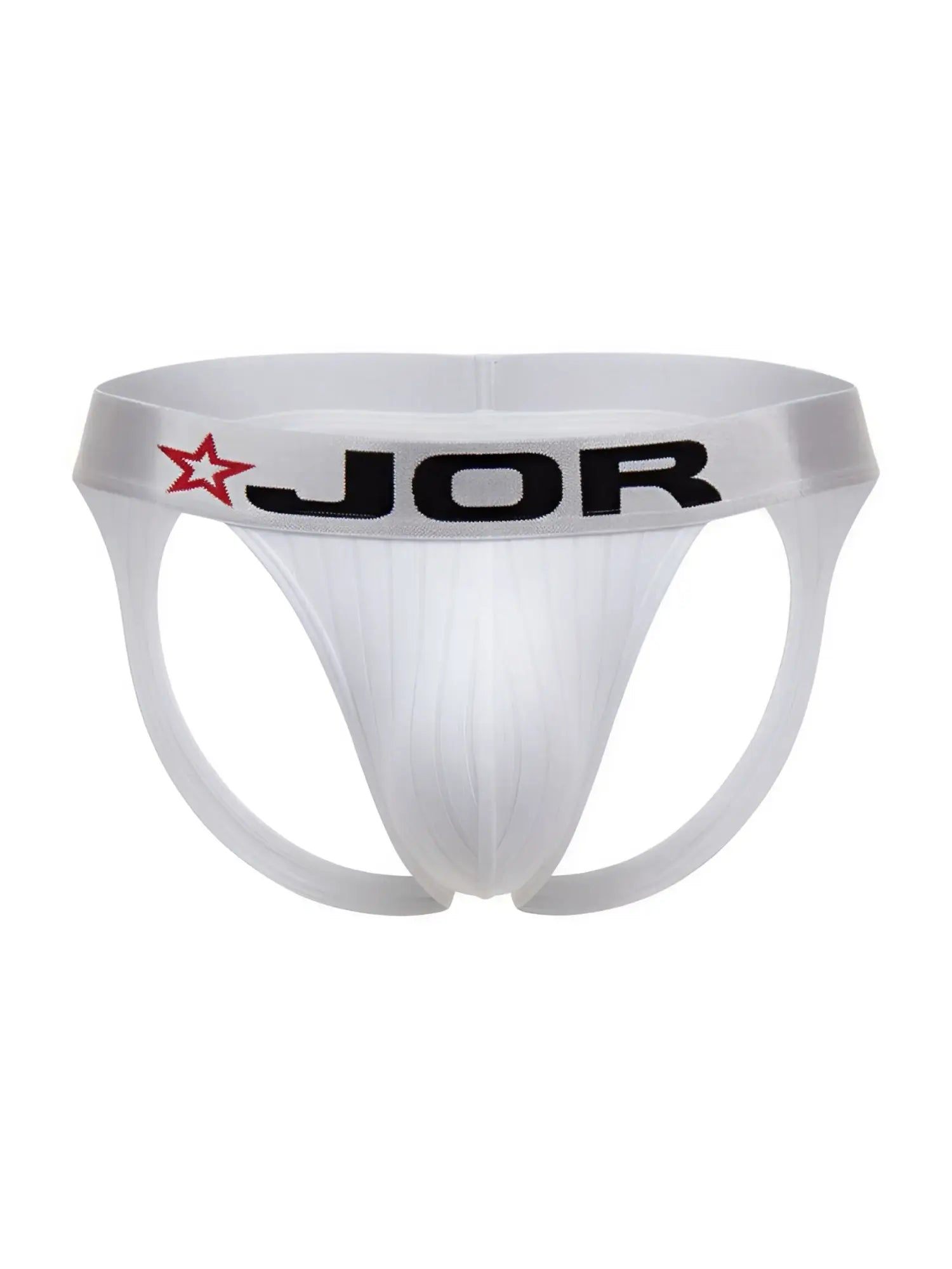 White jor 2332 cronos jockstrap athletic briefs with black logo and red star waistband for active wear