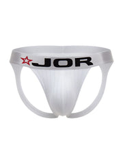 White jor 2332 cronos jockstrap athletic briefs with black logo and red star waistband for active wear