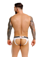 White jor 2332 cronos jockstrap briefs with black lettering and red star logo in white color