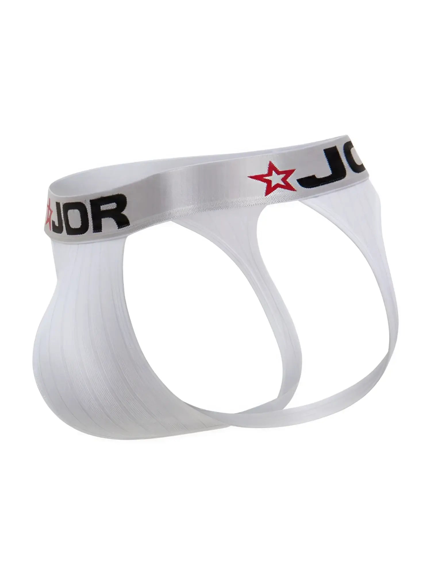 White jor 2332 cronos jockstrap with silver waistband featuring black lettering and red star logo