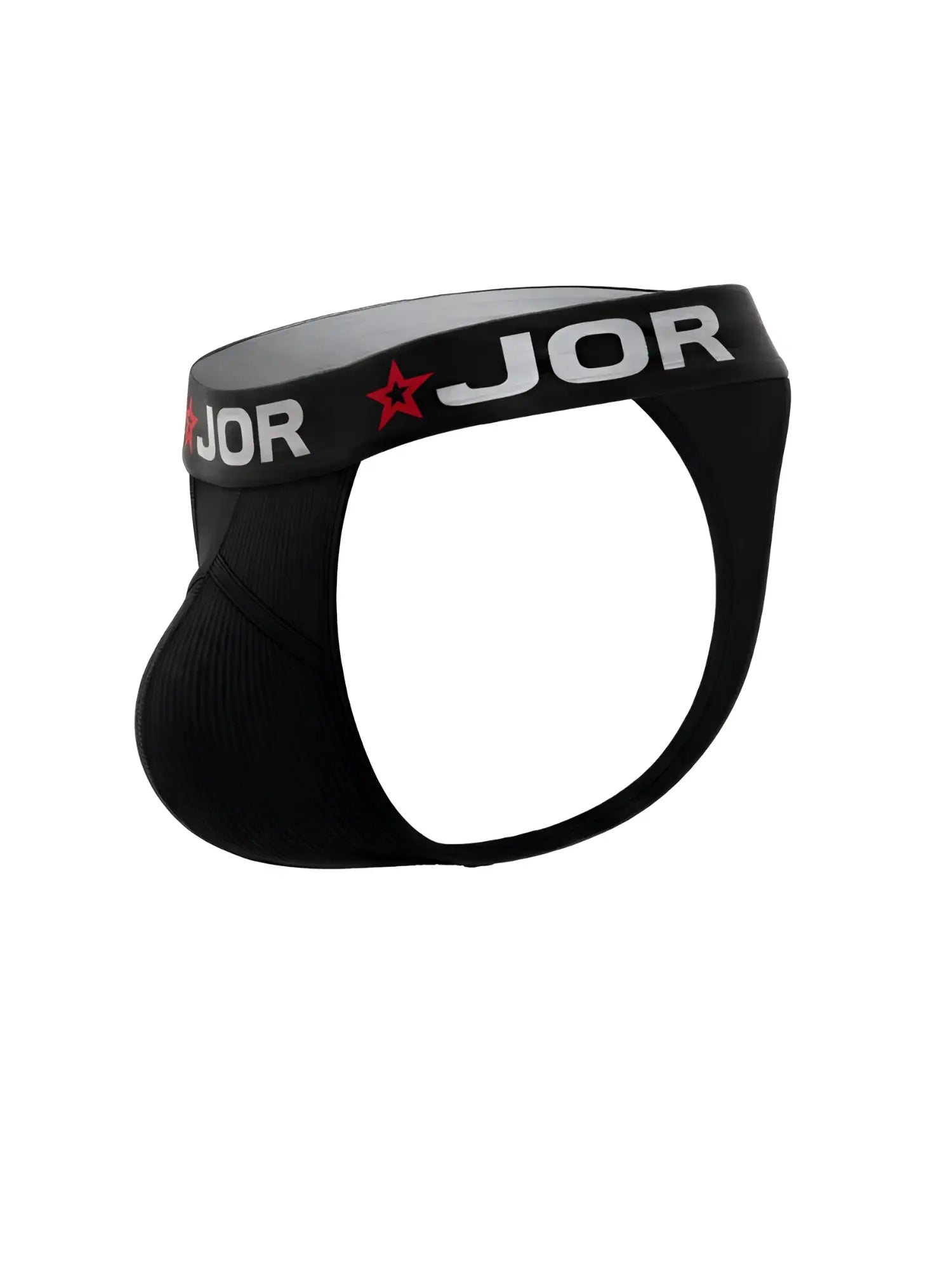 Black jor 2333 cronos thongs with ribbed texture and white lettering accented by red stars on the waistband