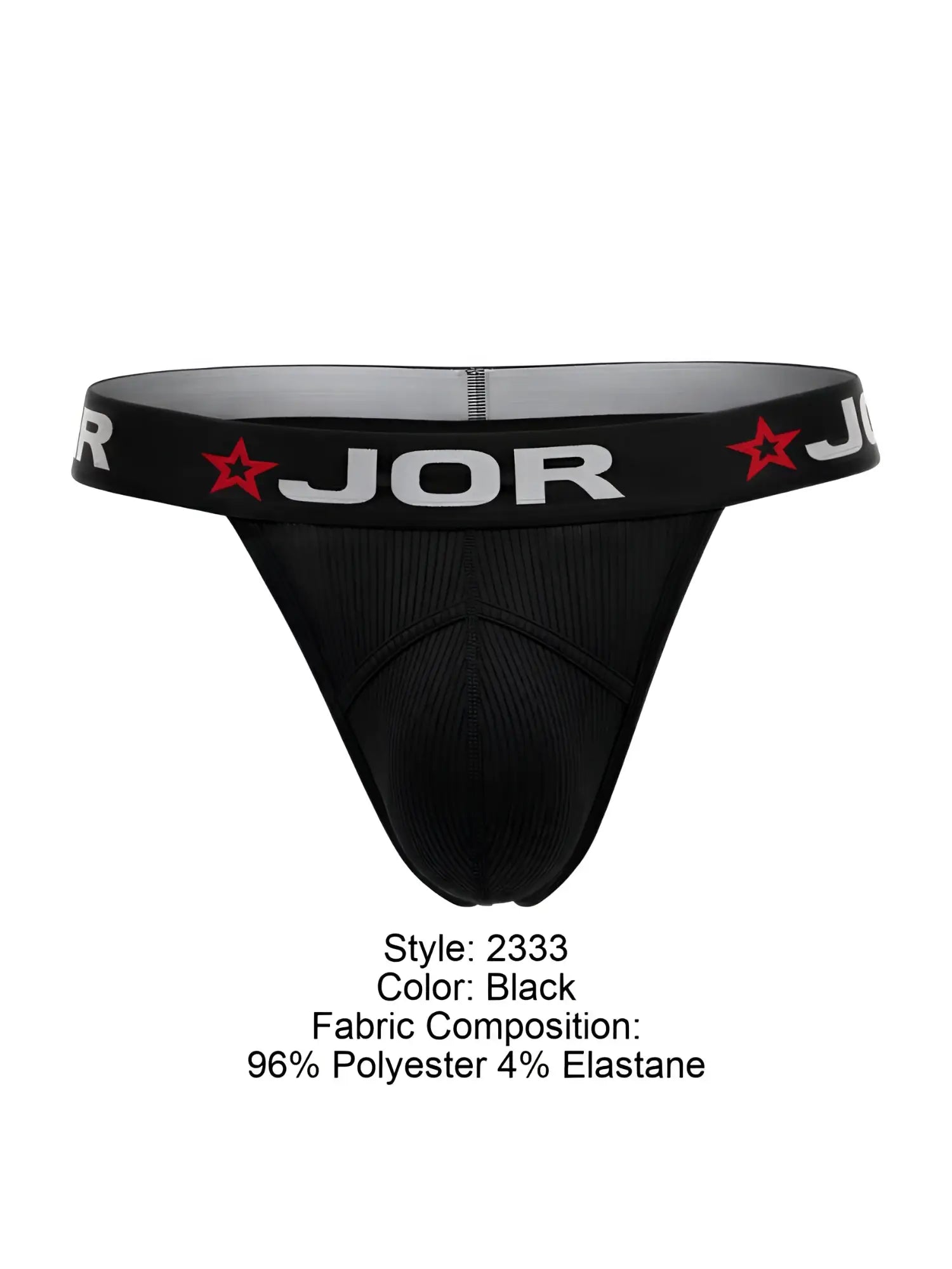 Black jor 2333 cronos thong with textured fabric and red star logo on the waistband showing front side