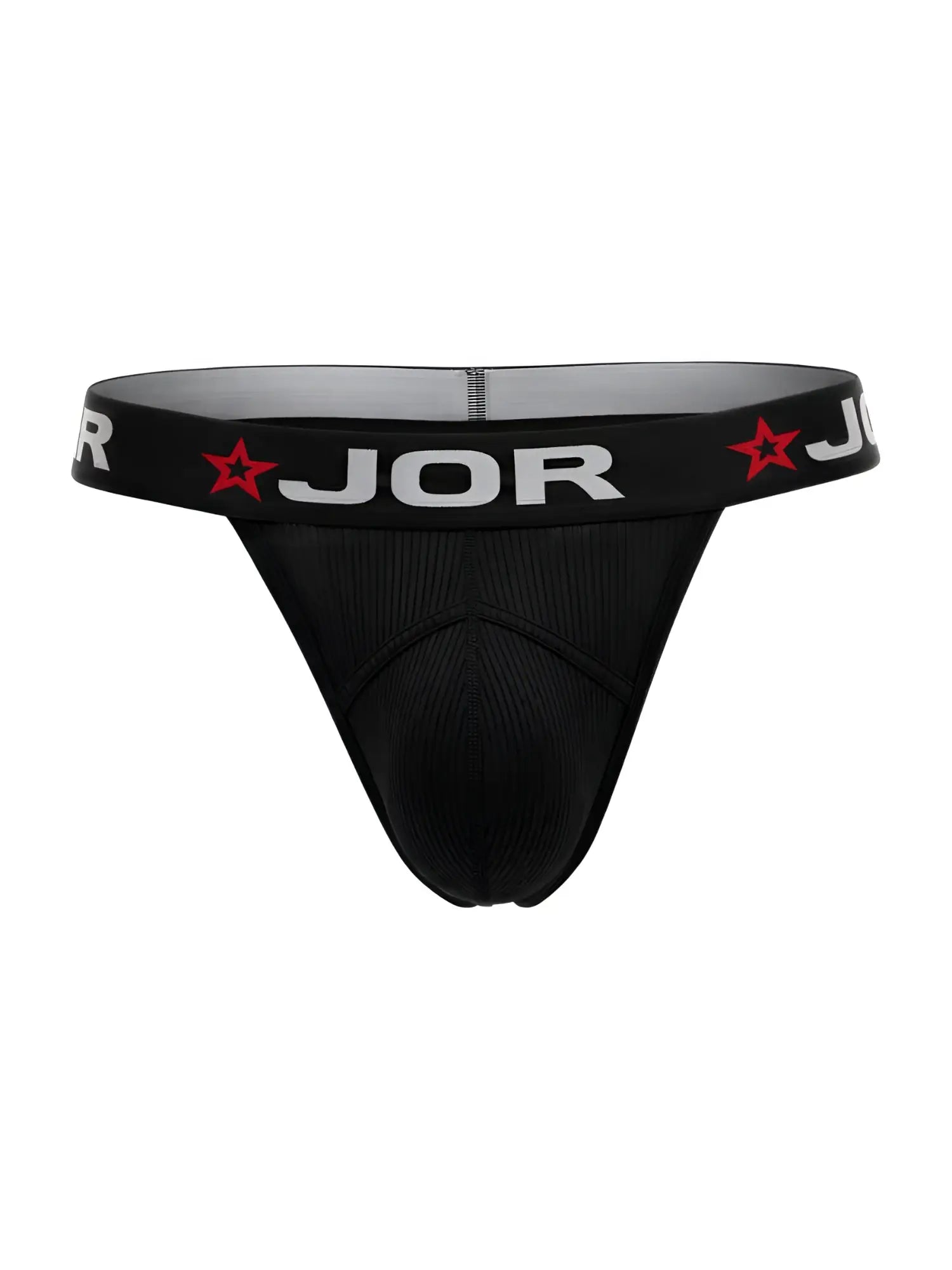 Black jor 2333 cronos thong with textured fabric and red star logos on the waistband showing the back side