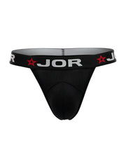 Black jor 2333 cronos thong with textured fabric and red star logos on the waistband showing the back side