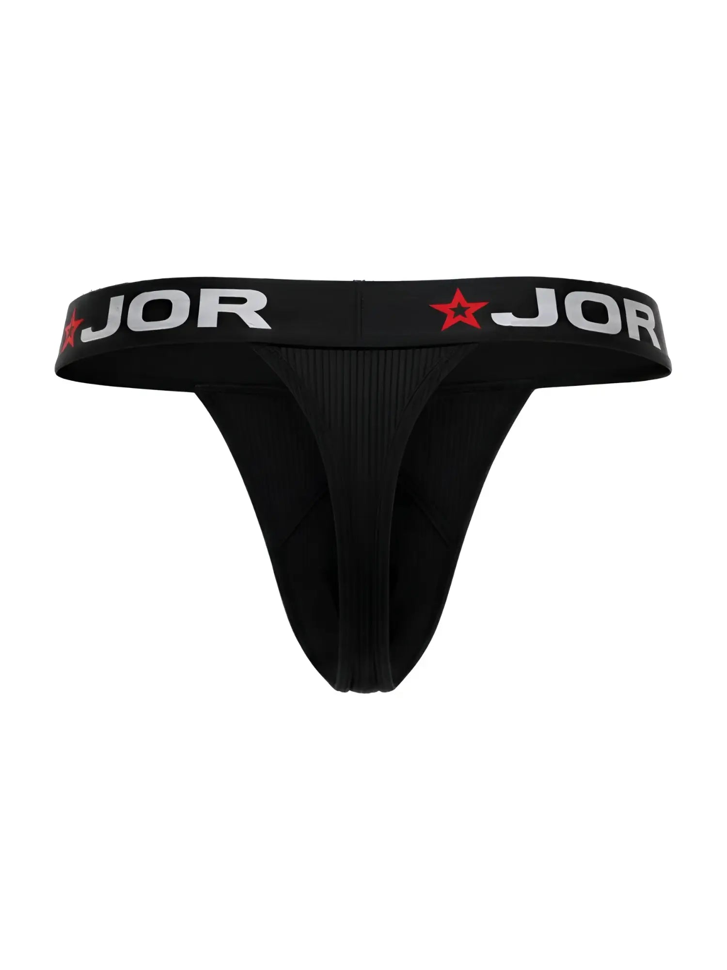Black jor 2333 cronos thong with white lettering and red star logos on the waistband in black color