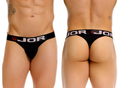 Black jor 2333 cronos thong with white lettering and red star logo on the waistband front side