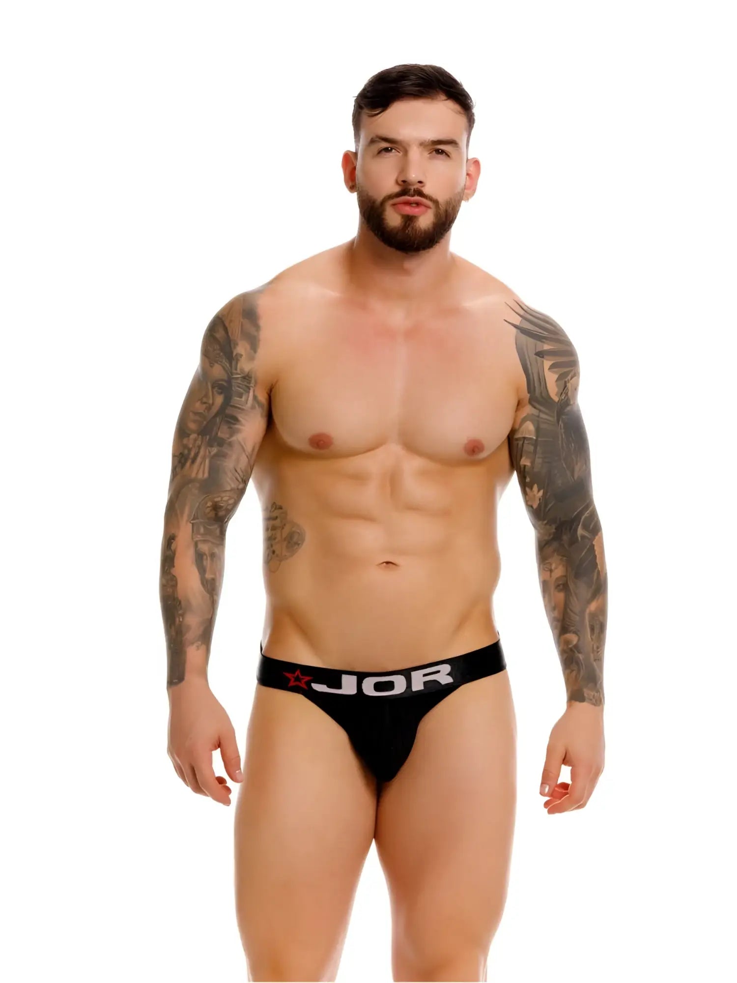 Black JOR 2333 Cronos thong briefs with white logo and red star detail on waistband front side