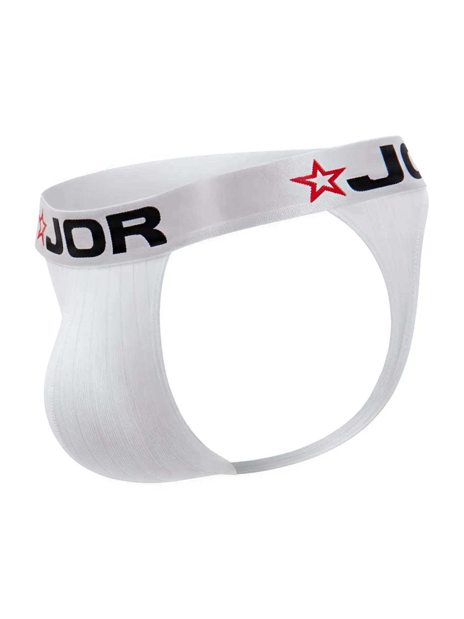 White jor 2333 cronos thong briefs with black lettering and red star logo on waistband in front view