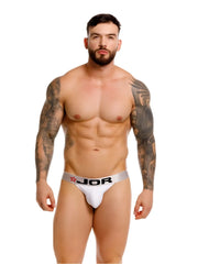 White jor 2333 cronos thong with silver waistband featuring black lettering and red star logo in front view