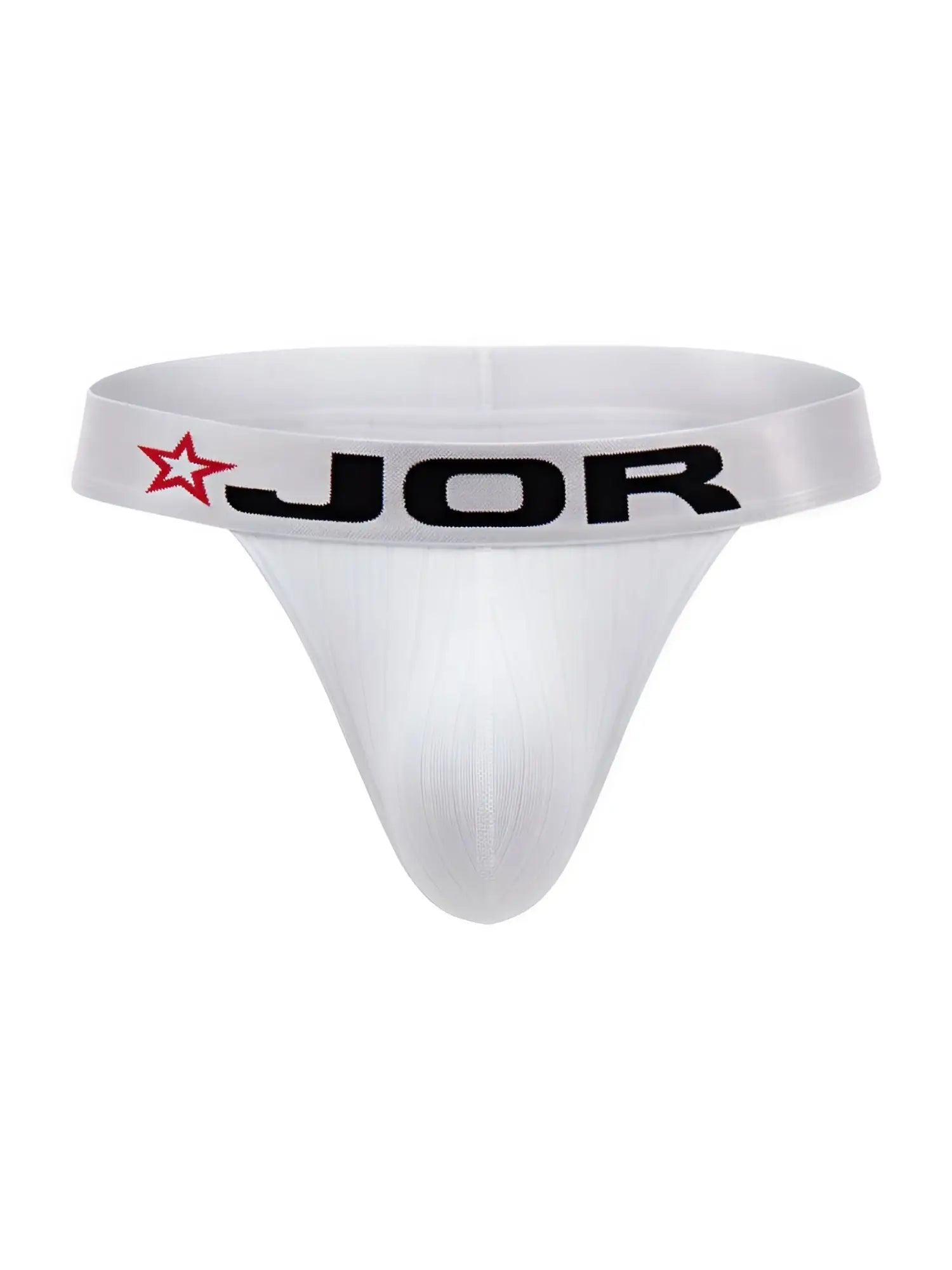 White jor 2333 cronos thong with black logo and red star on waistband in white fabric for comfortable wear