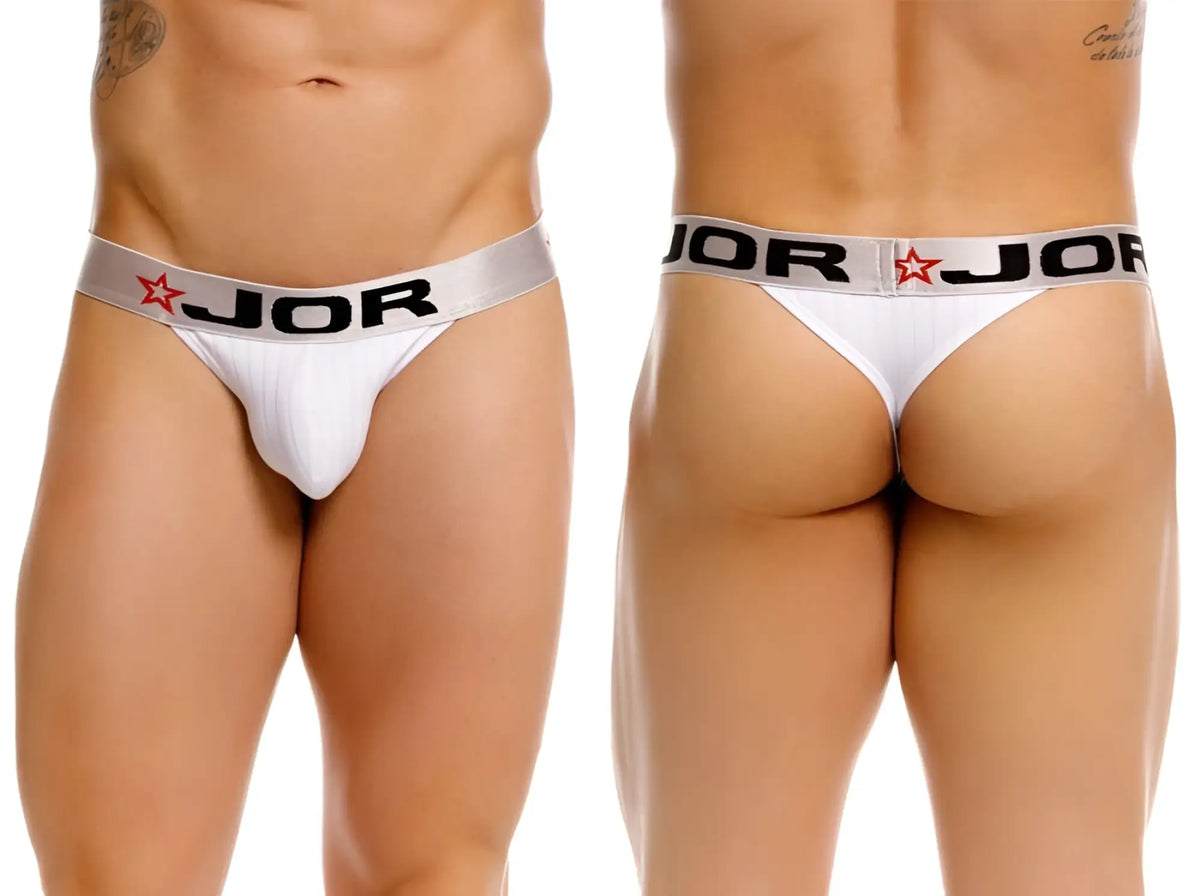 White JOR 2333 Cronos thong with silver waistband featuring black lettering and red star logo front view