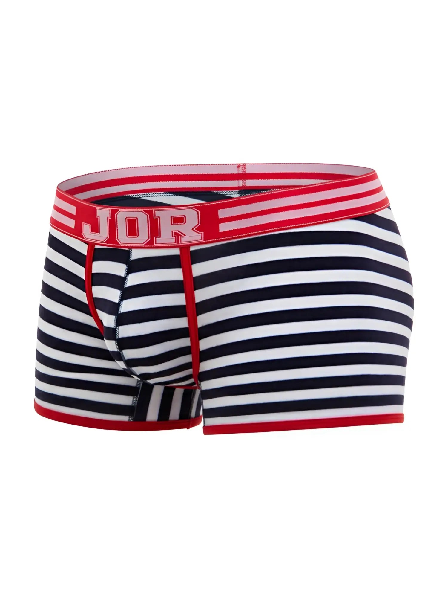 Navy and white striped jor 2334 santorini trunks with red trim and bold jor logo on waistband for men