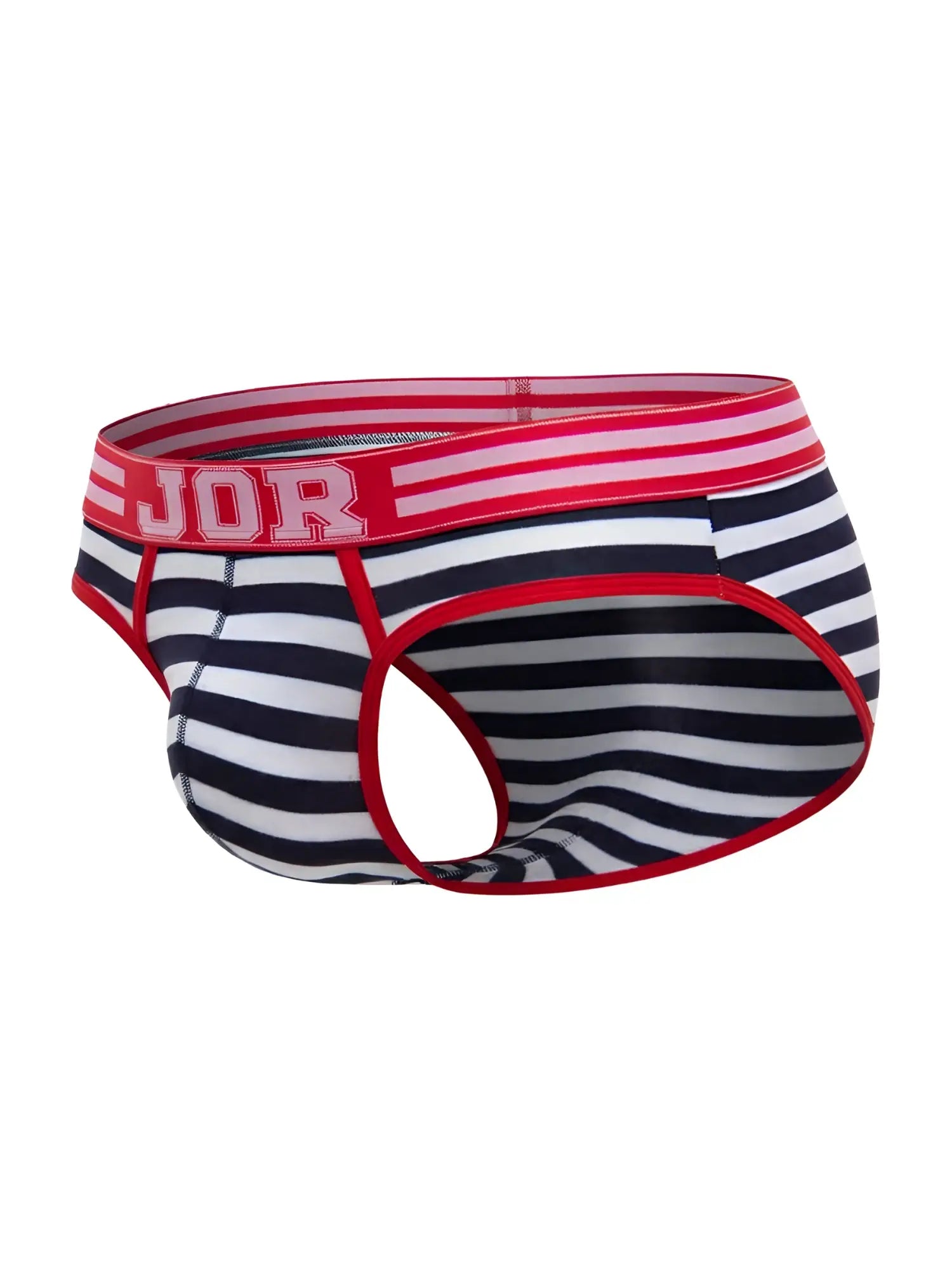 Black and white striped men’s briefs with red trim and jor logo waistband designed for comfortable everyday wear