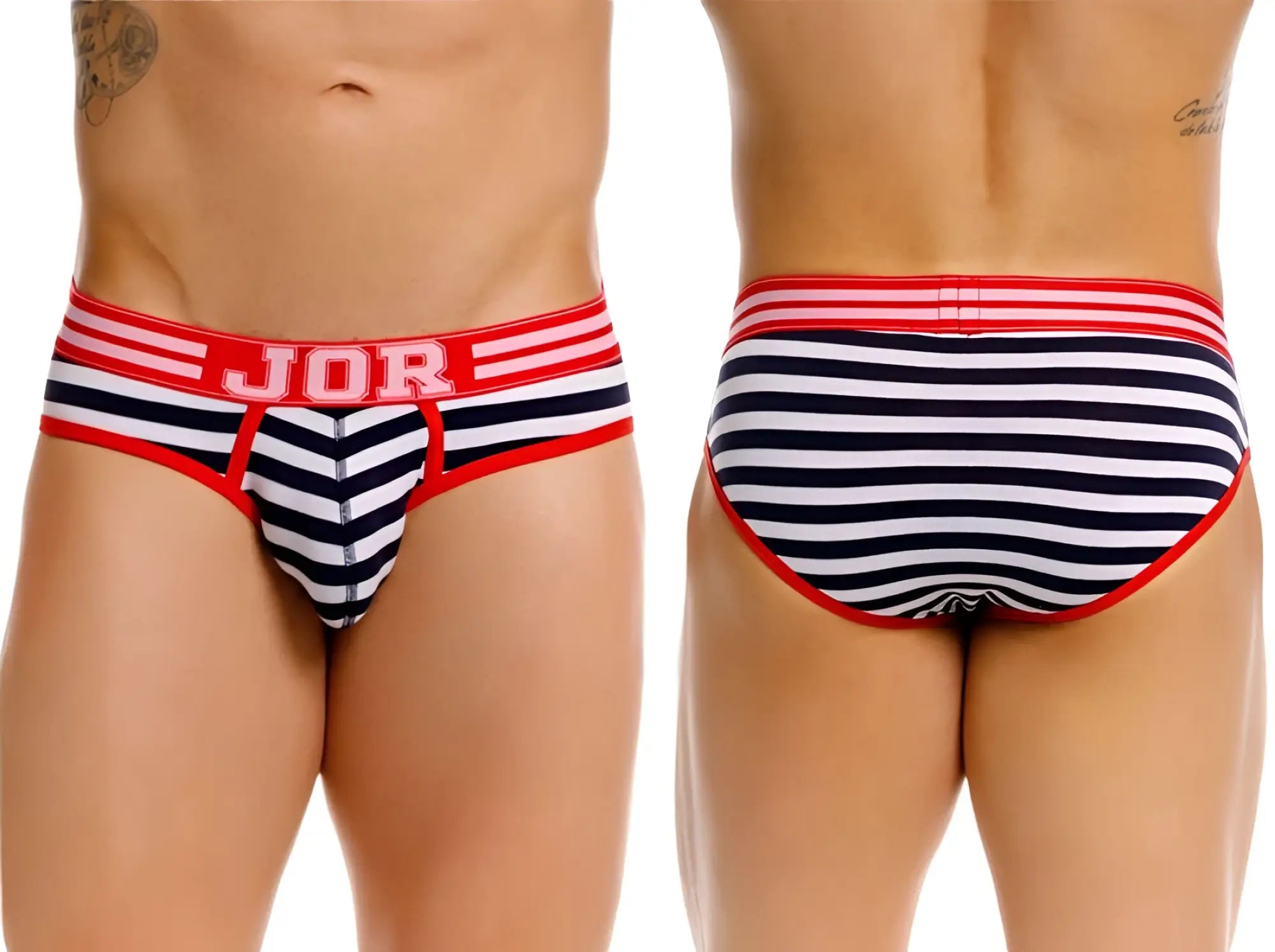 Navy and white striped jor 2335 santorini briefs with red trim and logo waistband for comfortable daily wear