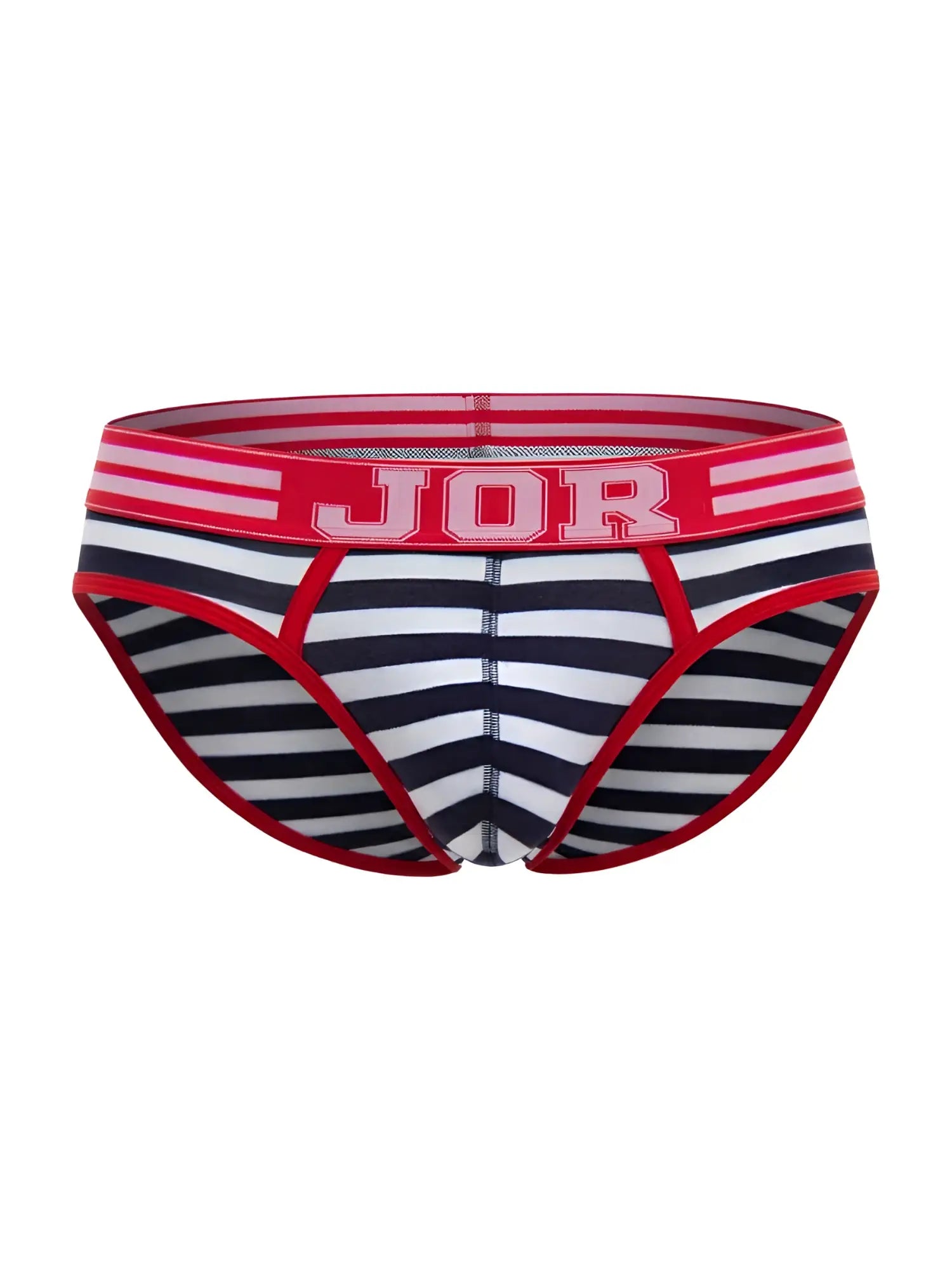 Red white and black striped men’s briefs with bold red jor logo waistband in jor 2335 santorini briefs color stripes