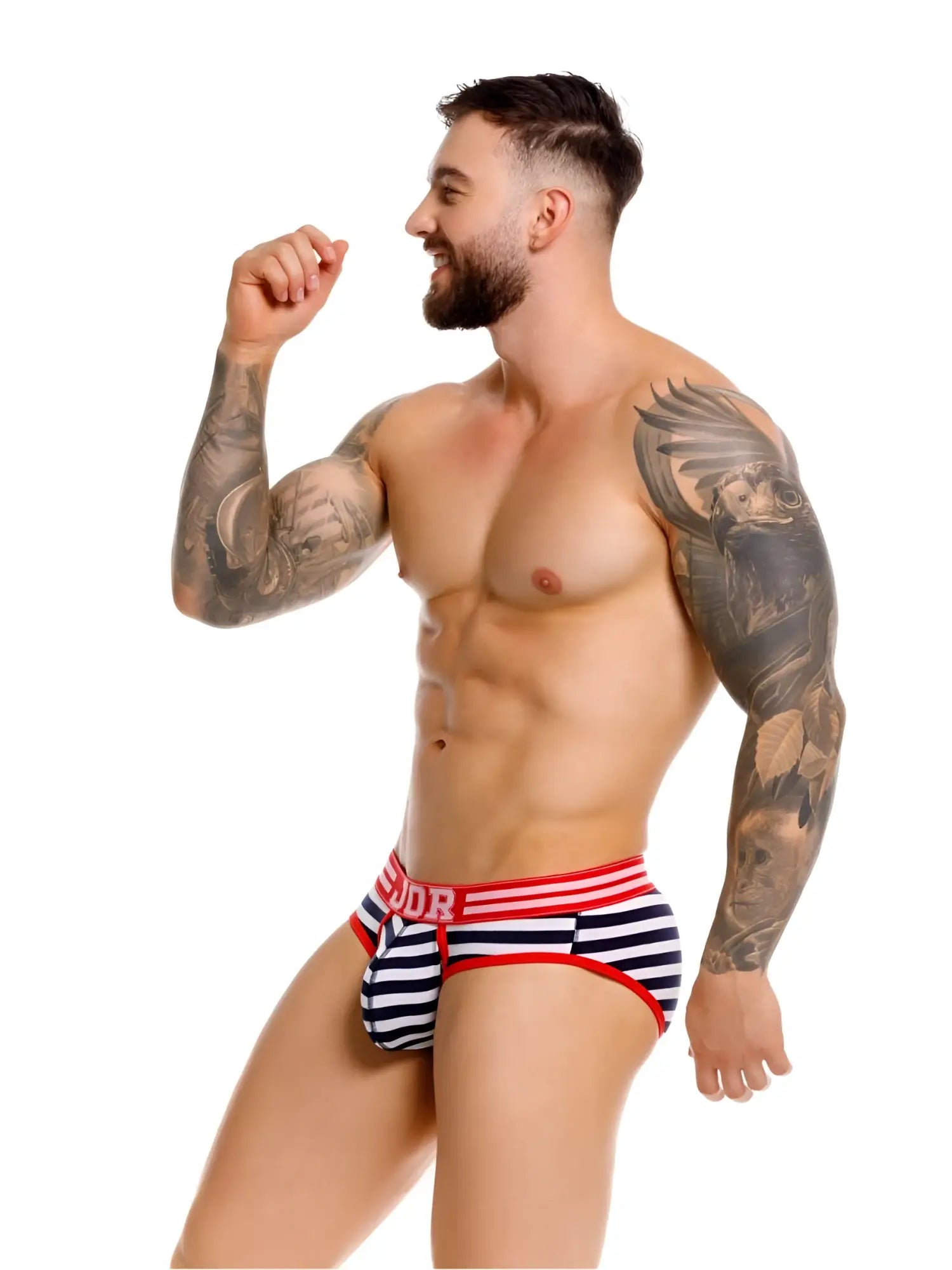 Jor 2335 santorini briefs in striped navy and white with red trim and bold sudor logo on waistband