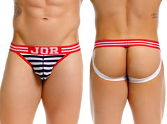 Jor 2336 santorini jockstrap briefs with red white and navy blue stripes and red waistband with jor logo