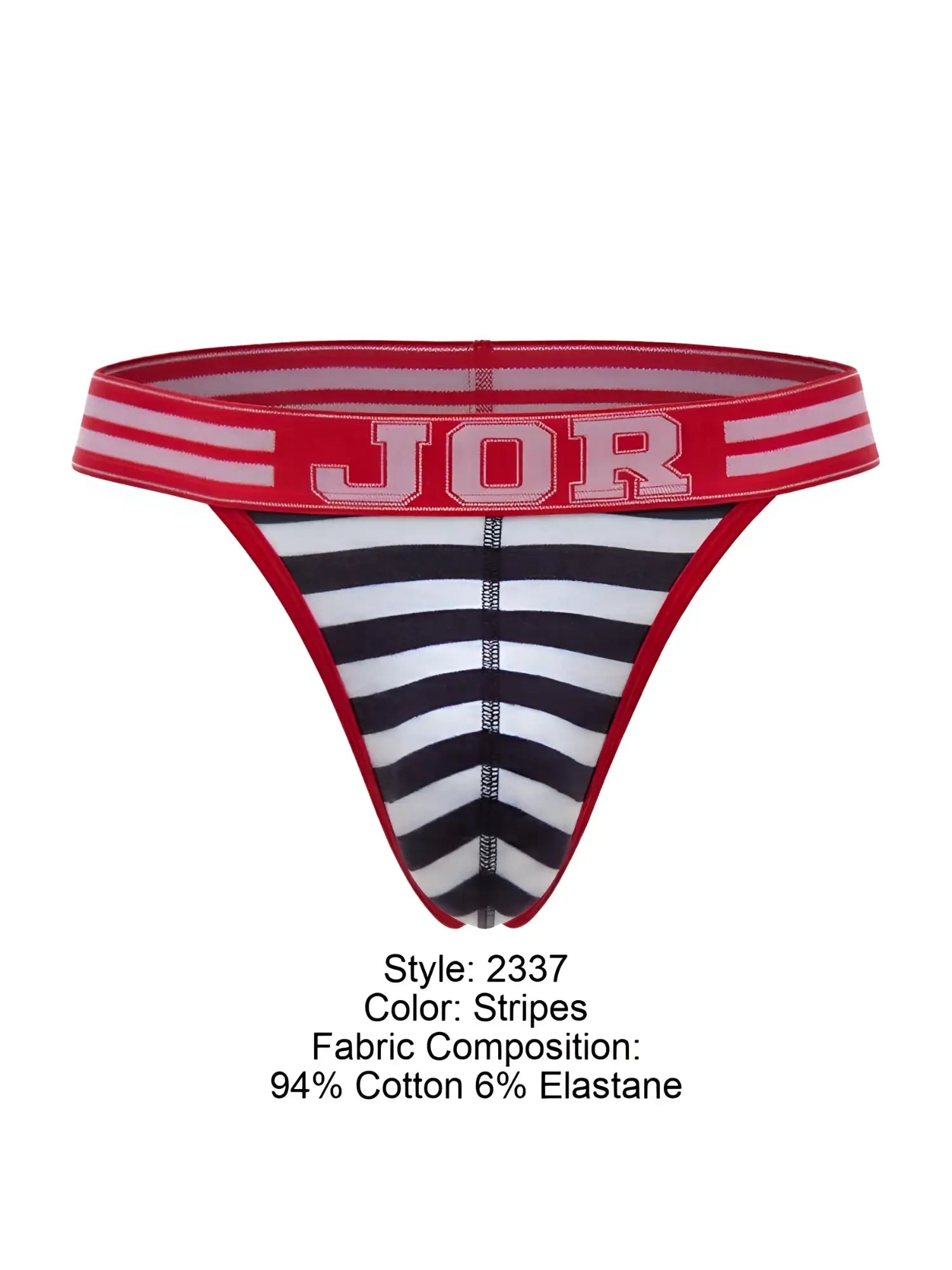 Red and black striped jor 2337 santorini thong with red elastic waistband featuring white stripes shown from the back