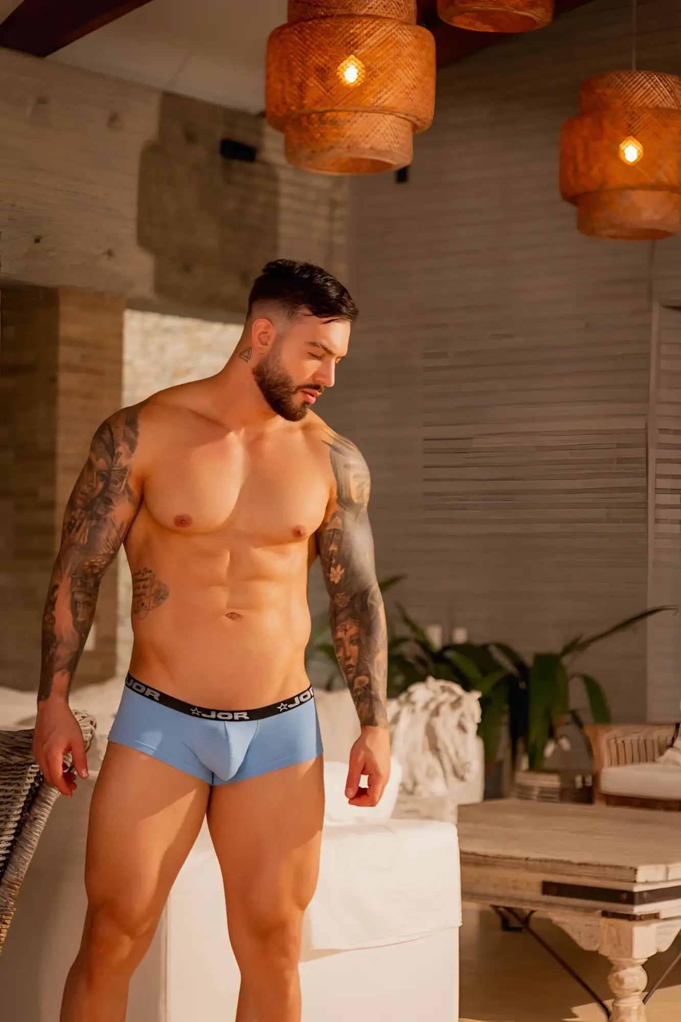 Light blue jor 2345 cannes trunks briefs with black elastic waistband featuring jor logo in front