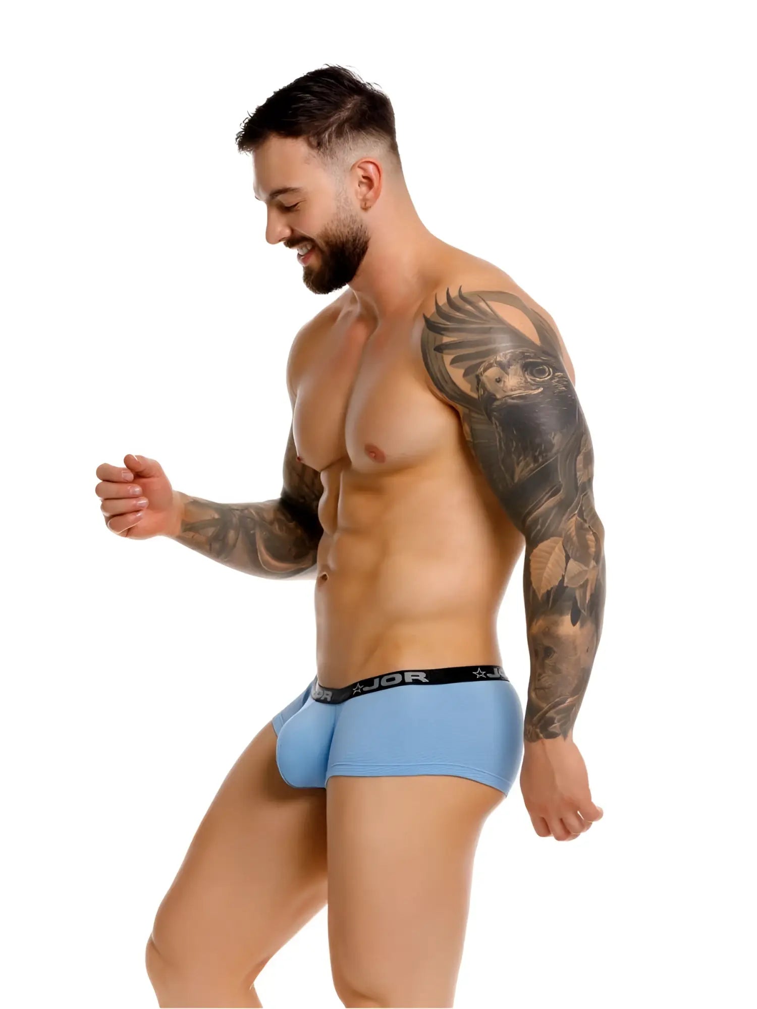 Light blue jor 2345 Cannes trunks briefs with black elastic waistband featuring jor logo and star design